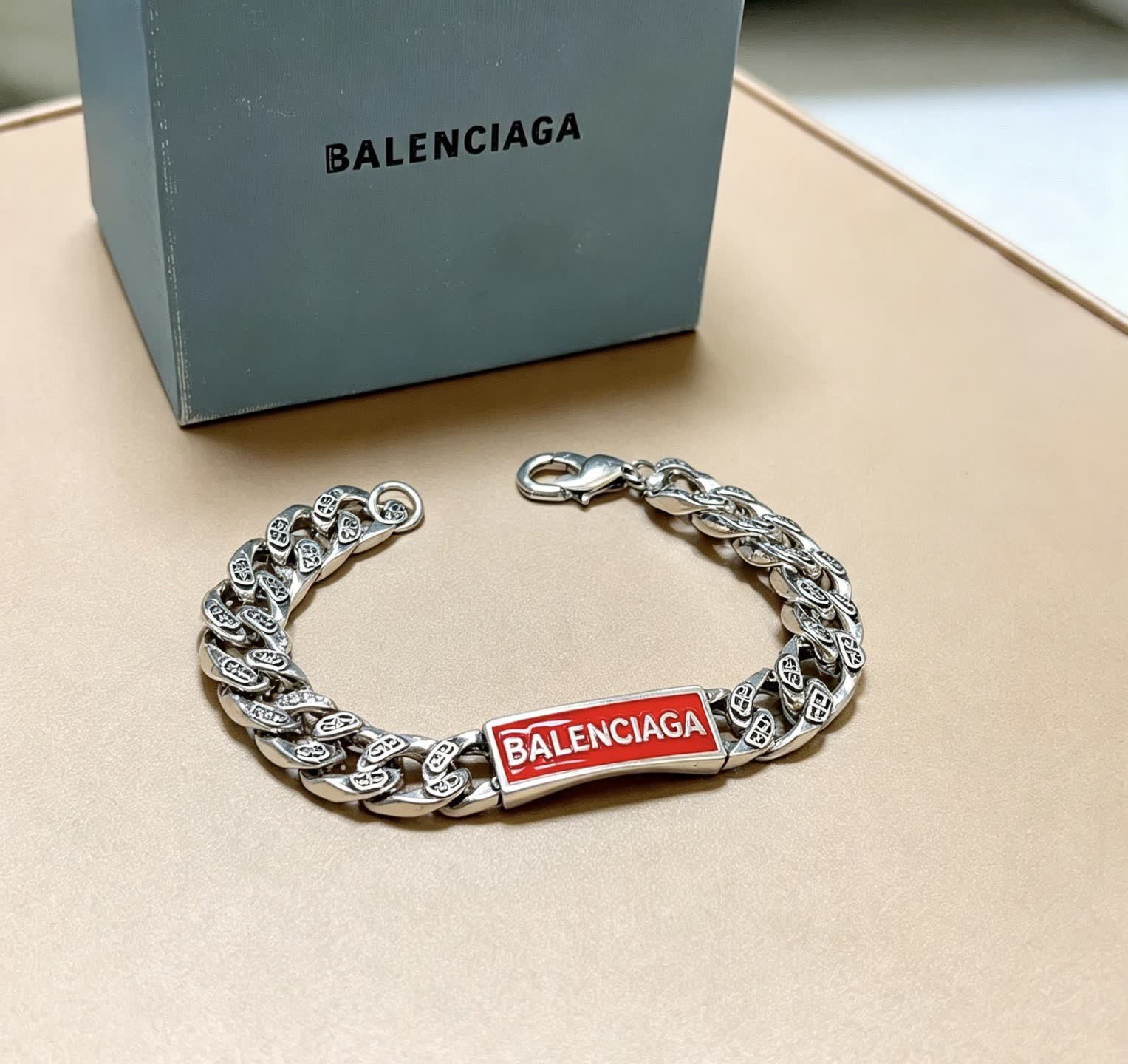 Balenciaga Silver Bracelet with Red Enamel Logo