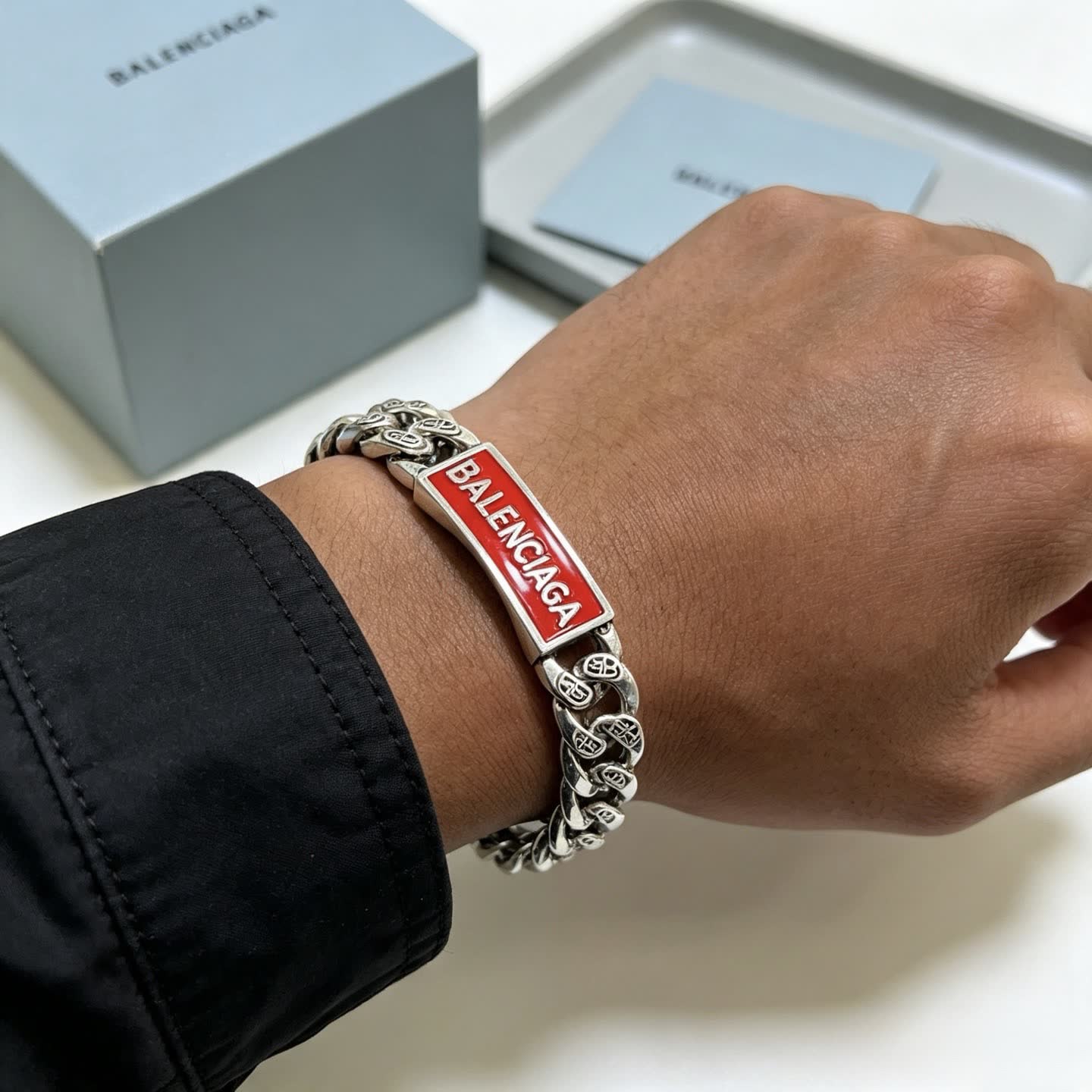 Balenciaga Silver Bracelet with Red Enamel Logo