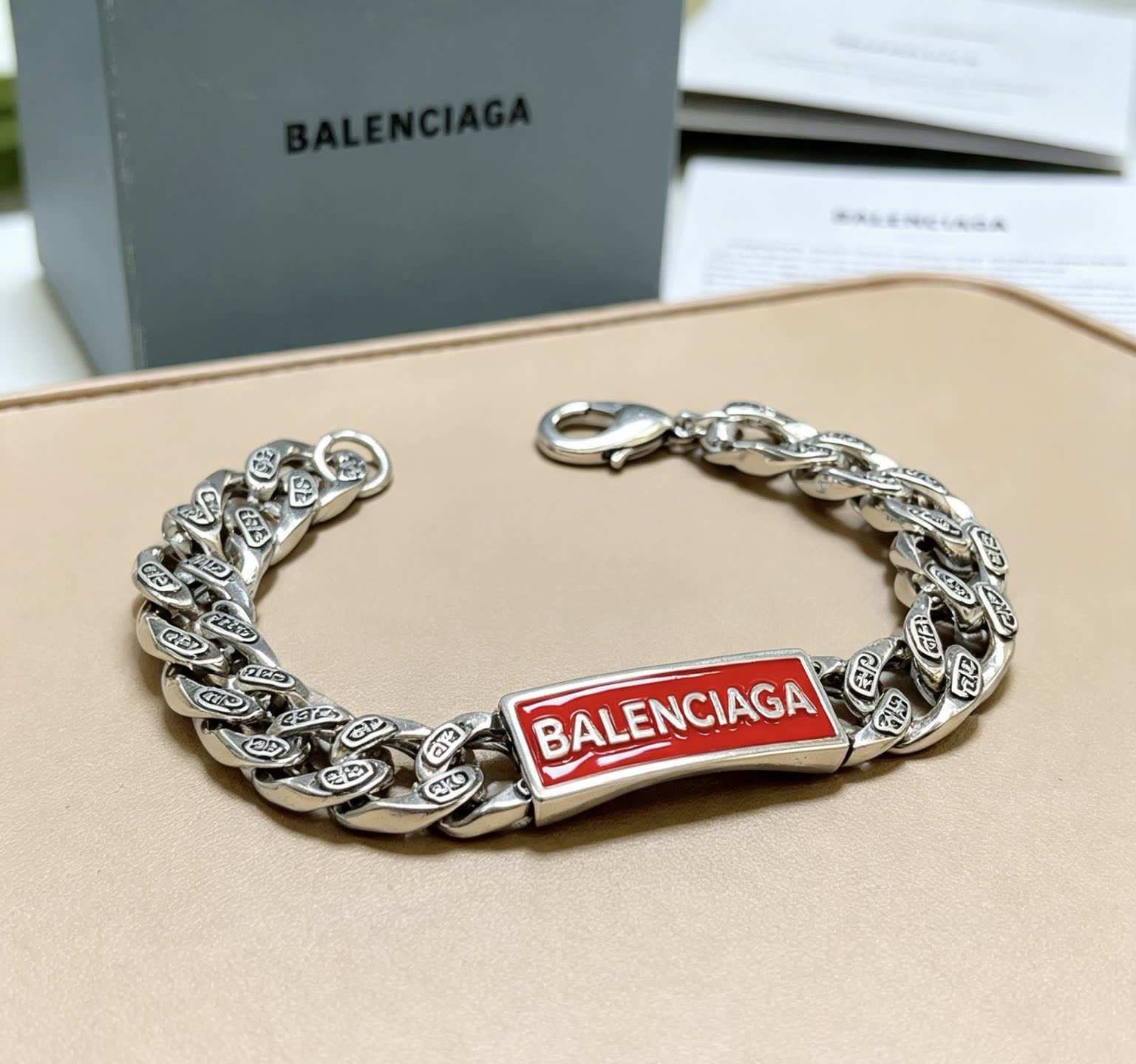 Balenciaga Silver Bracelet with Red Enamel Logo