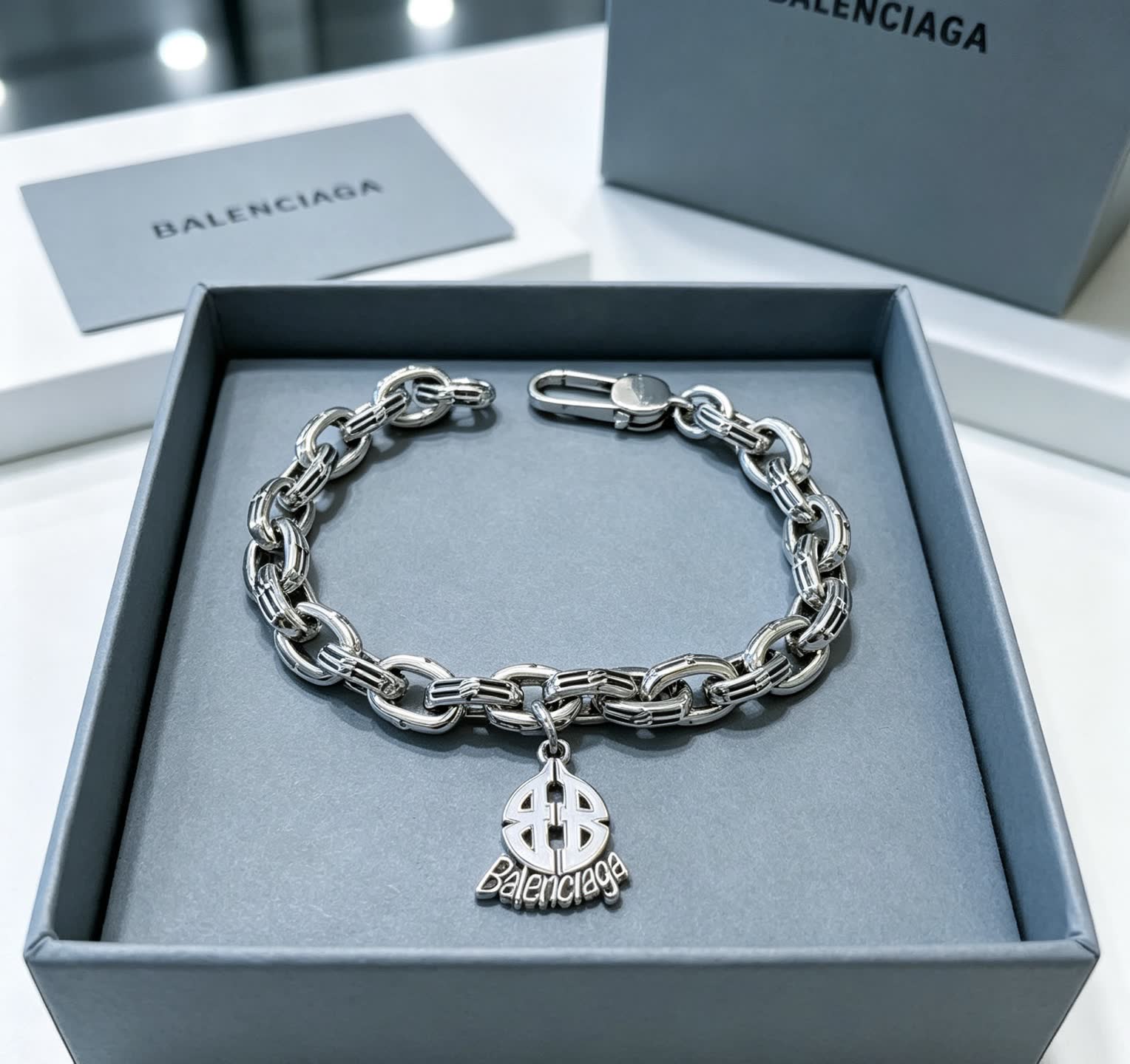 Balenciaga Silver Bracelet with Logo Charm
