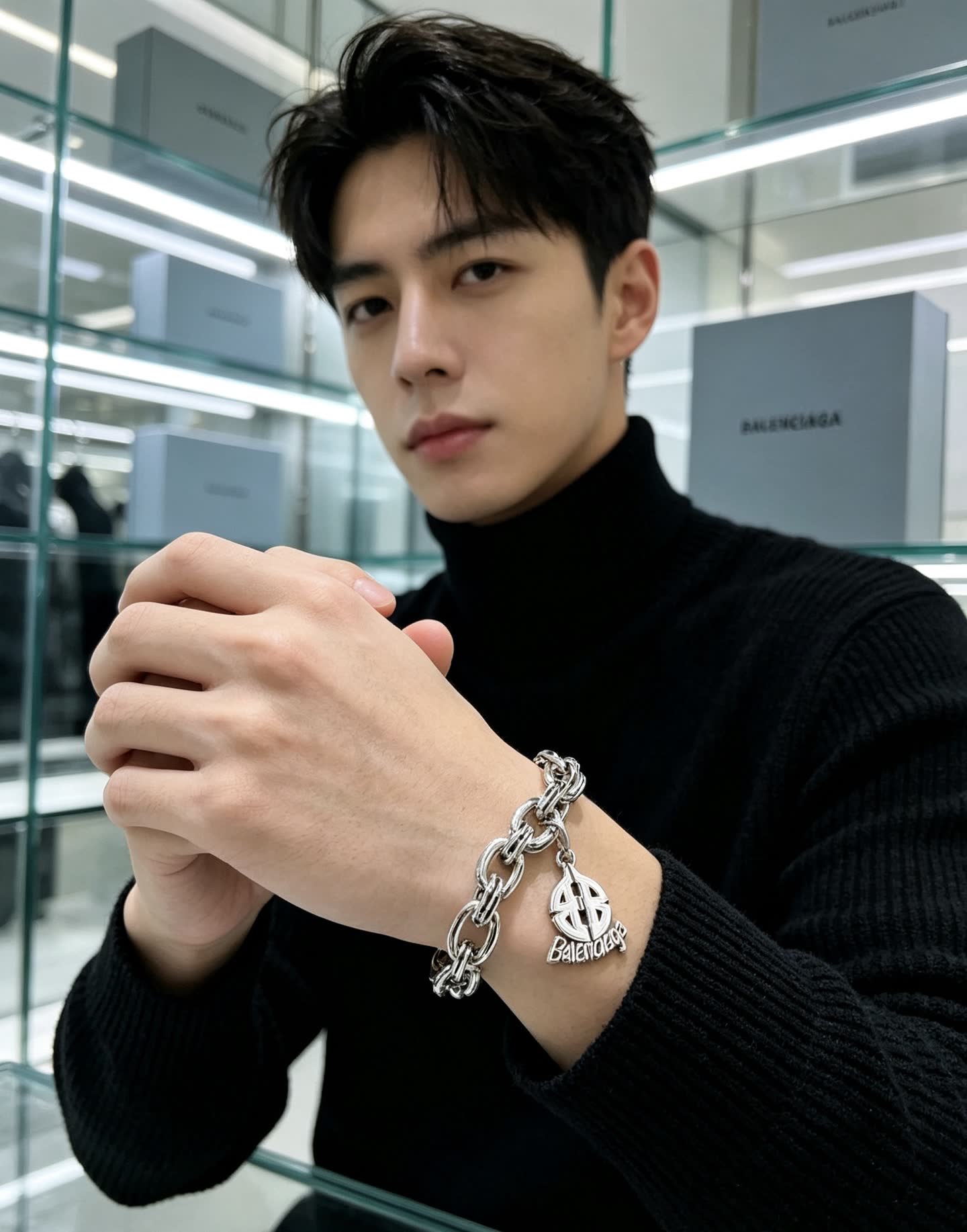 Balenciaga Silver Bracelet with Logo Charm