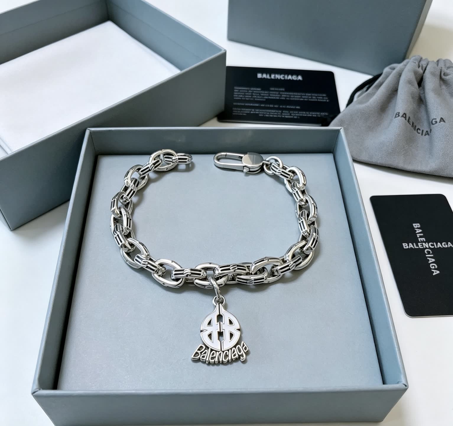 Balenciaga Silver Bracelet with Logo Charm