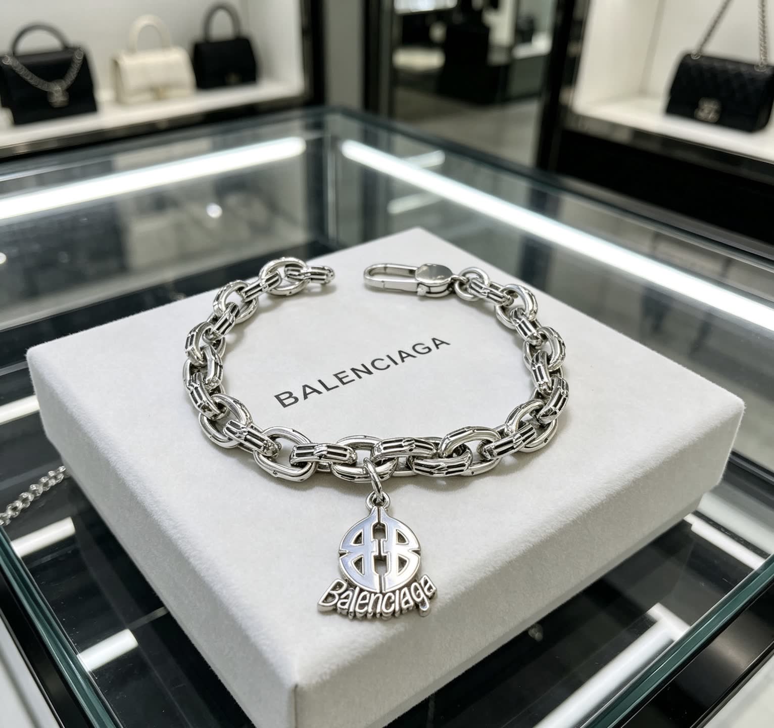 Balenciaga Silver Bracelet with Logo Charm