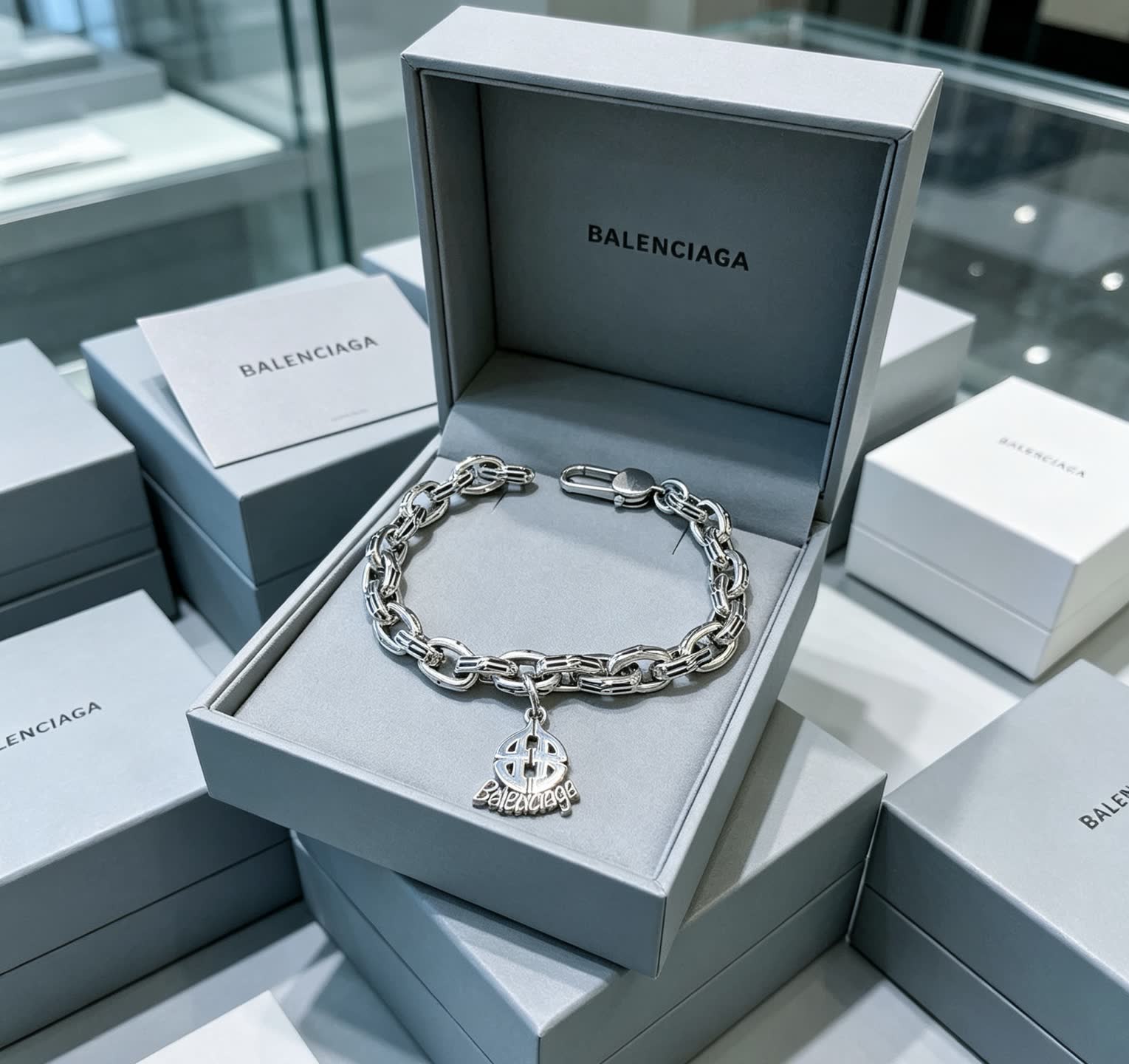 Balenciaga Silver Bracelet with Logo Charm