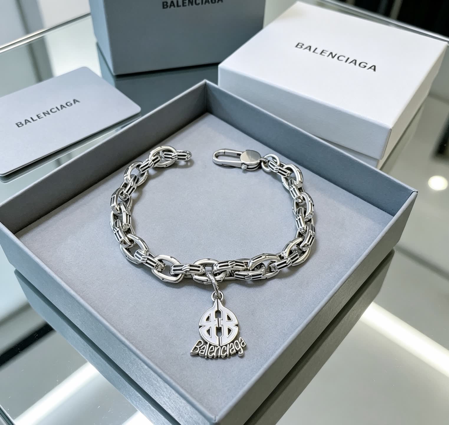 Balenciaga Silver Bracelet with Logo Charm