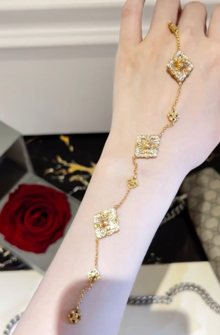 Buccellati Gold Bracelet with Floral and Diamond Accents