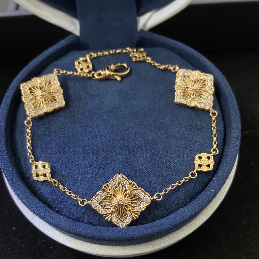 Buccellati Vintage Gold-Plated Bracelet with Mother-of-Pearl Flowers