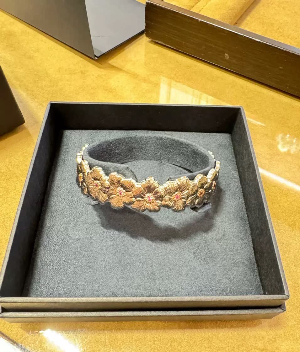 Buccellati Gold Flower Embellished Leather Bracelet