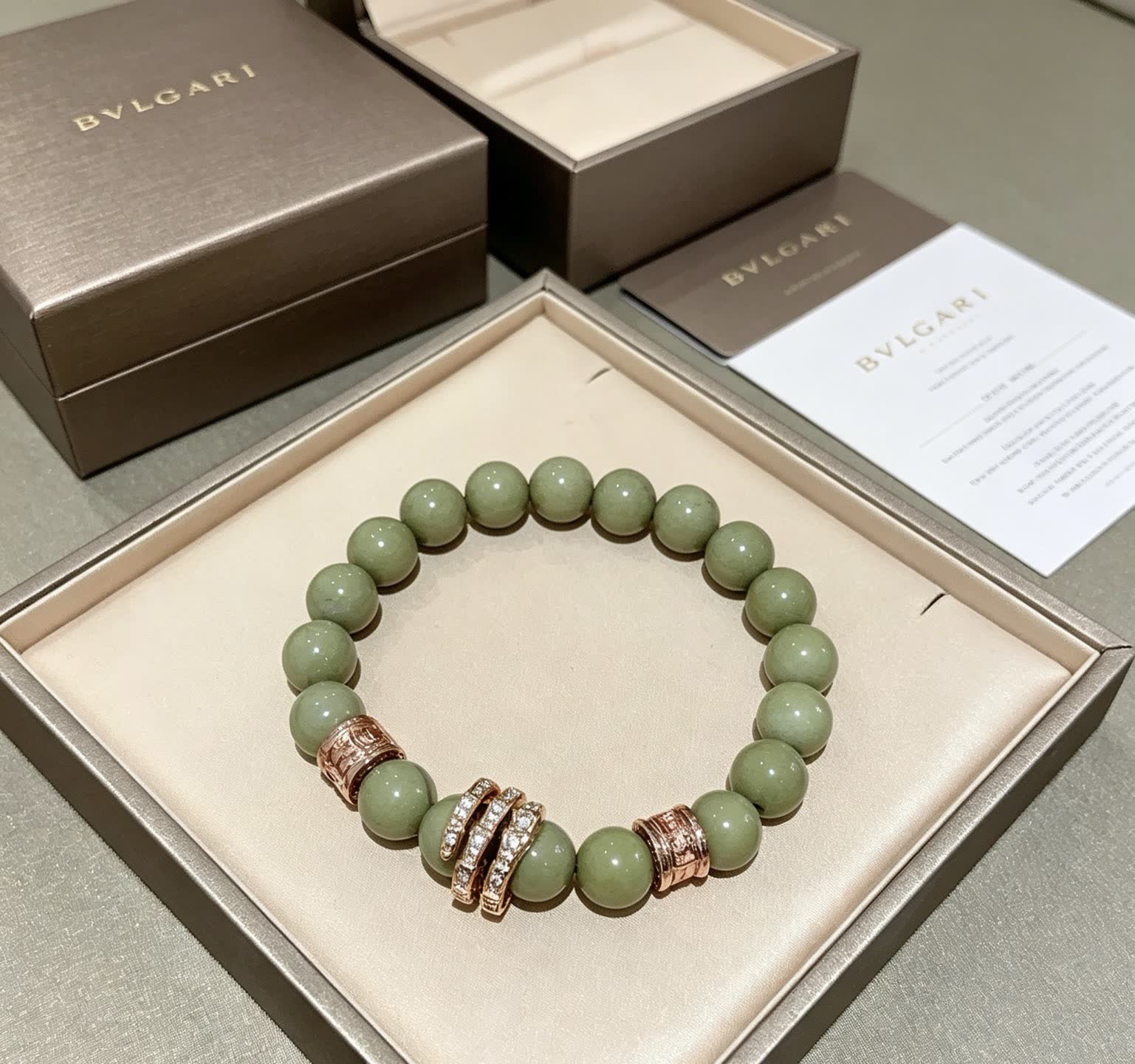 Bvlgari Green Bead Bracelet with Gold Accents