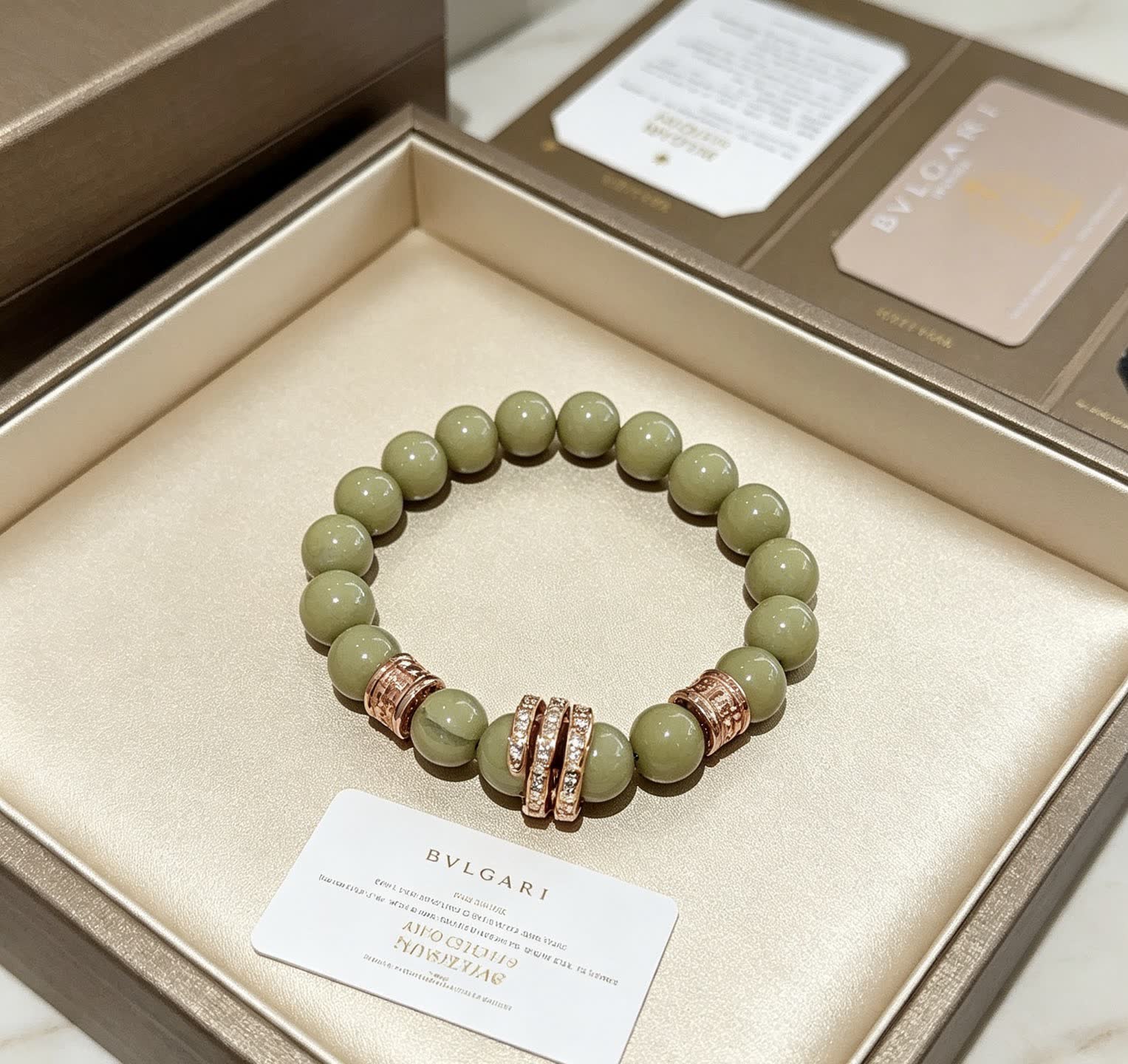 Bvlgari Green Bead Bracelet with Gold Accents