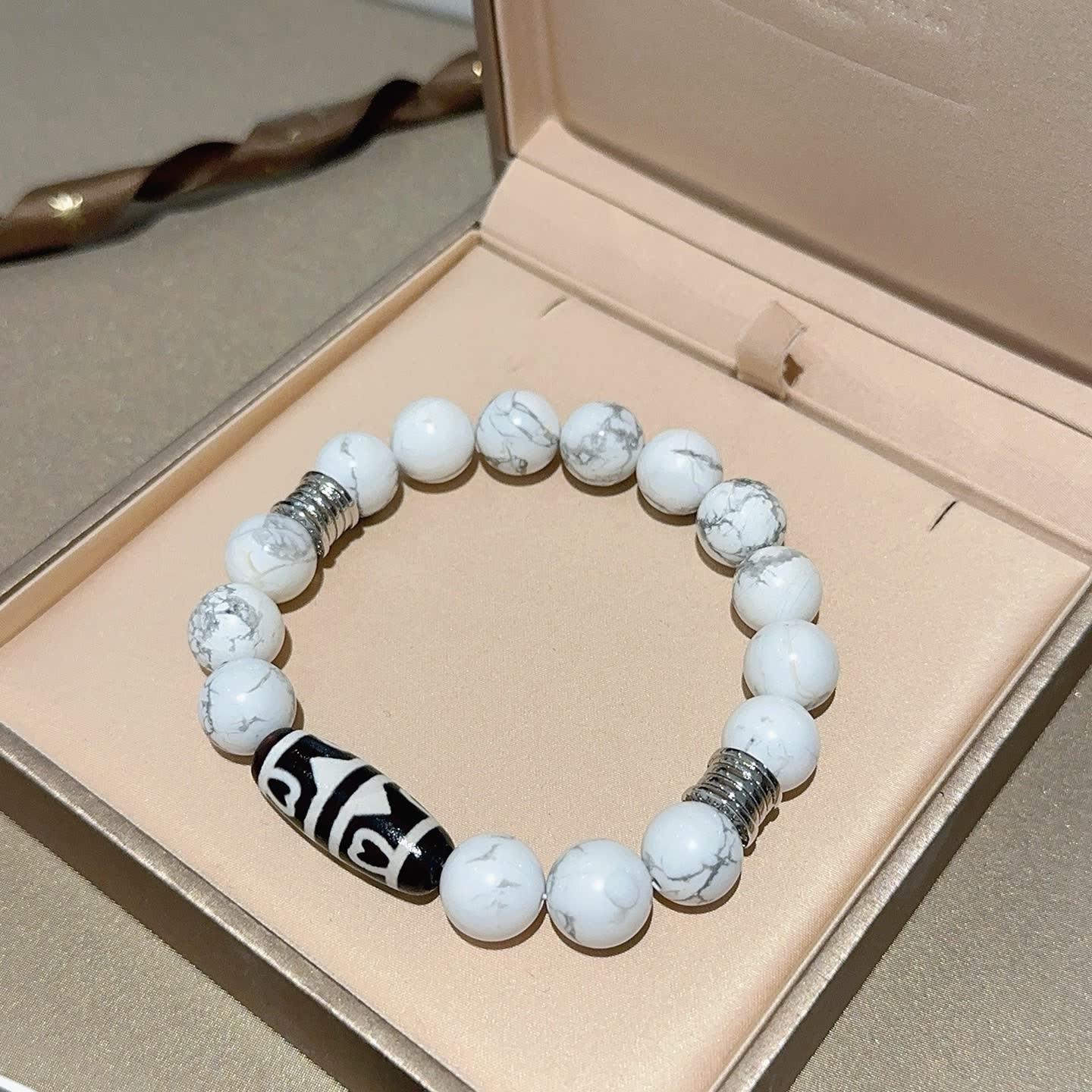 Bvlgari White Marble Bead Bracelet with Black and Silver Accents Bvlgari White Marble Bead Bracelet with Black and Silver Accents