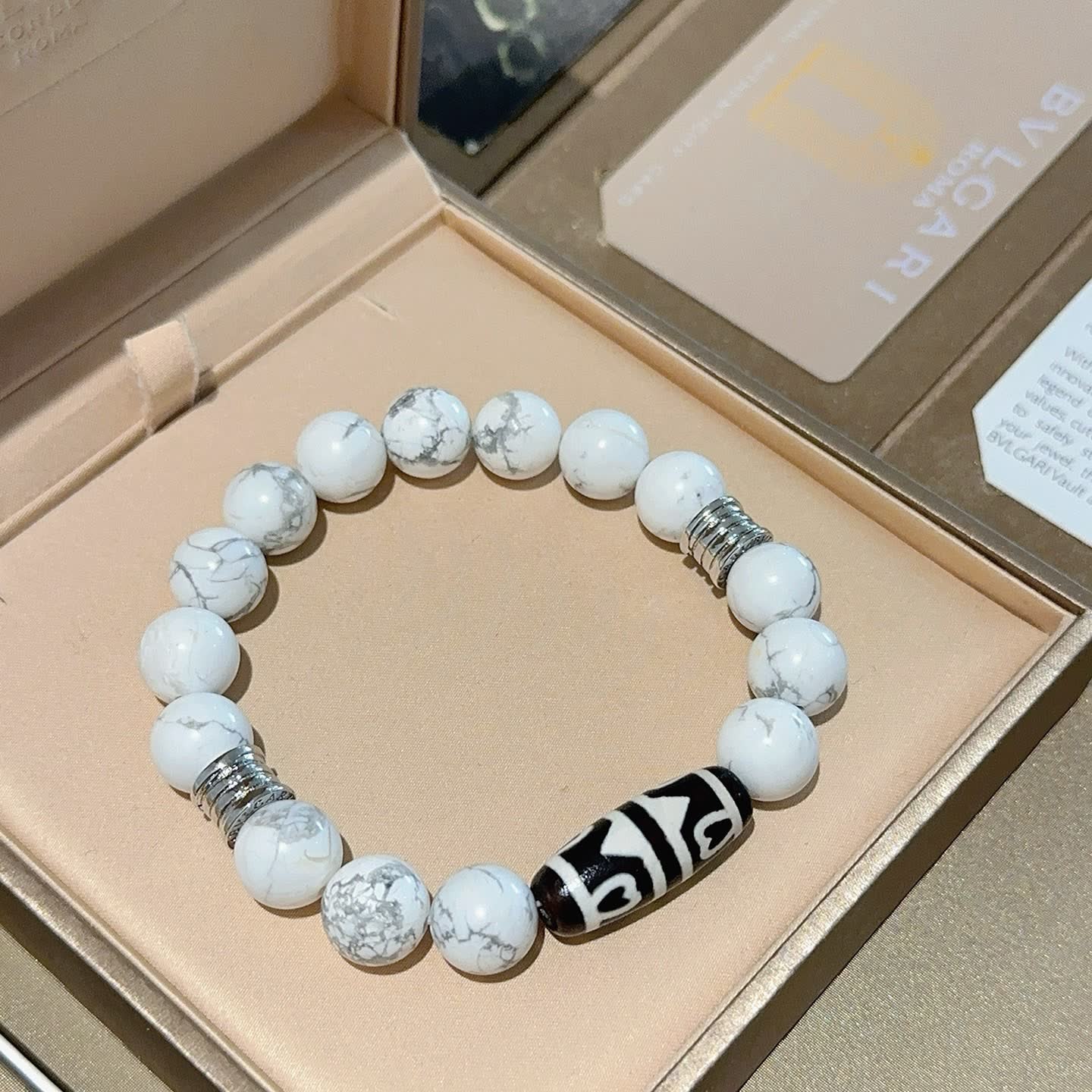 Bvlgari White Marble Bead Bracelet with Black and Silver Accents