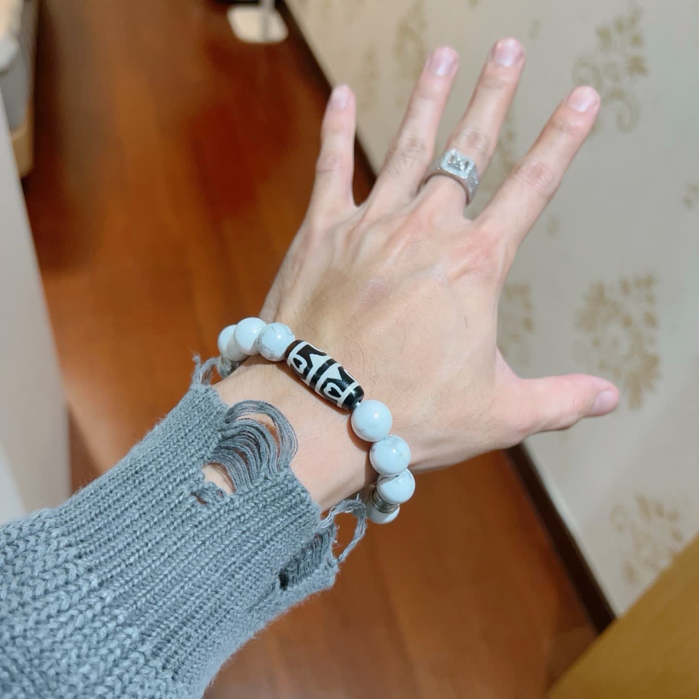 Bvlgari White Marble Bead Bracelet with Black and Silver Accents