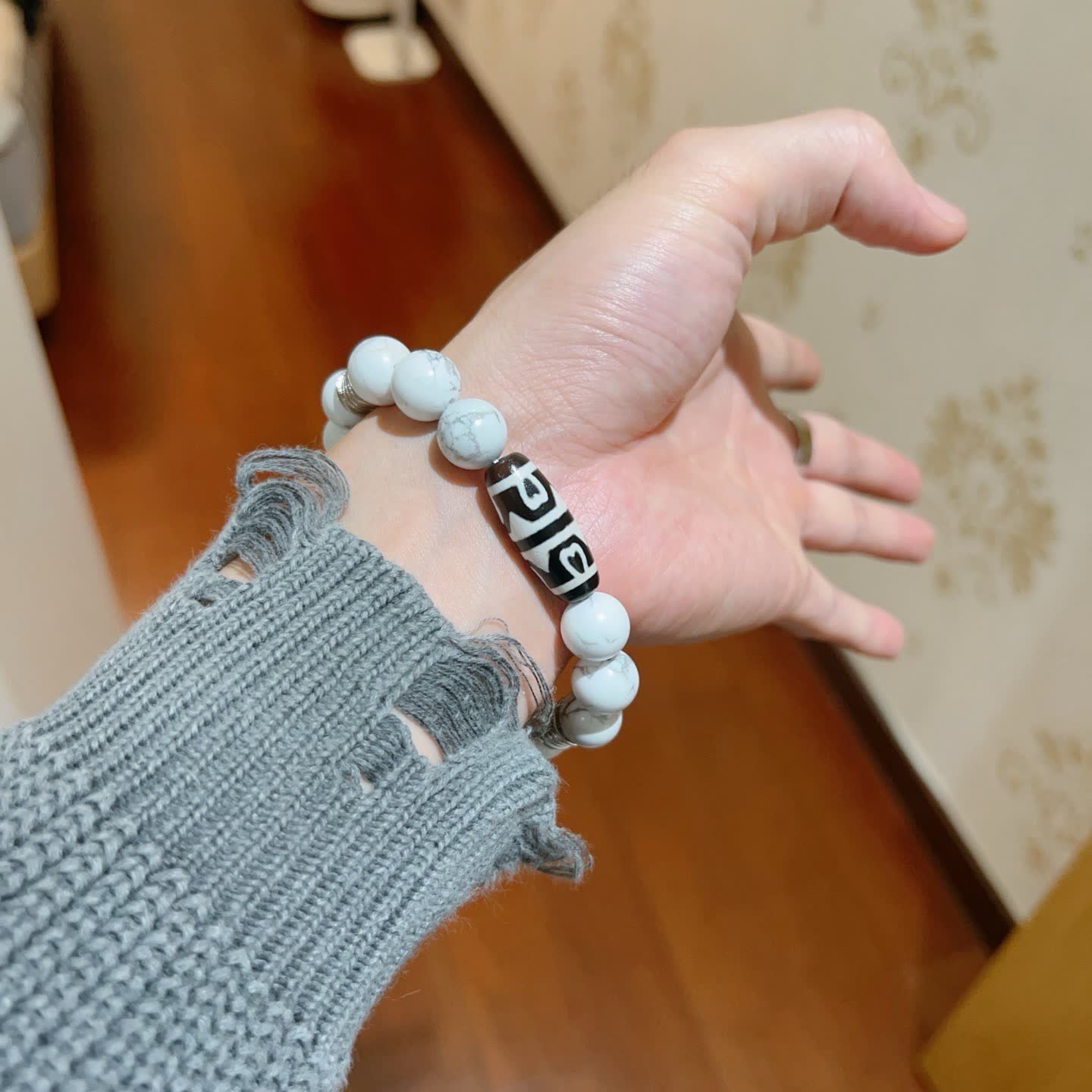 Bvlgari White Marble Bead Bracelet with Black and Silver Accents