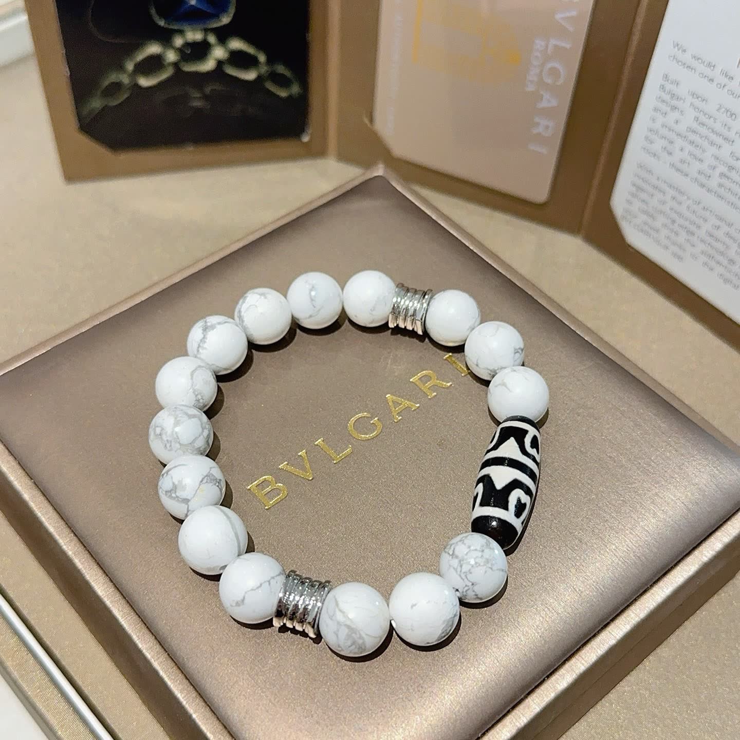 Bvlgari White Marble Bead Bracelet with Black and Silver Accents