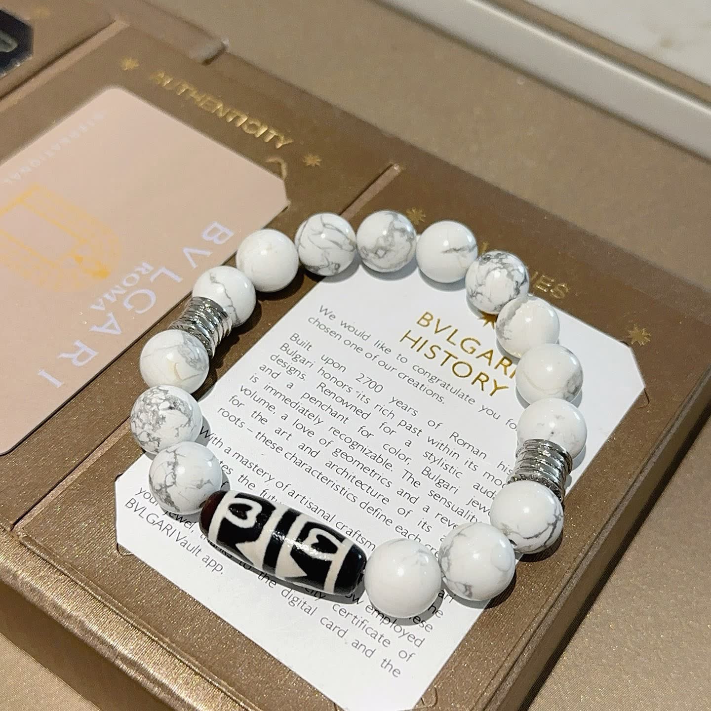 Bvlgari White Marble Bead Bracelet with Black and Silver Accents