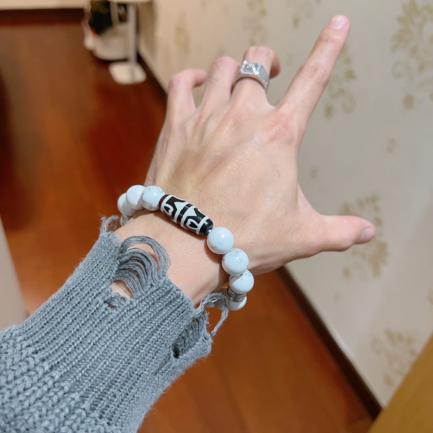 Bvlgari White Marble Bead Bracelet with Black and Silver Accents