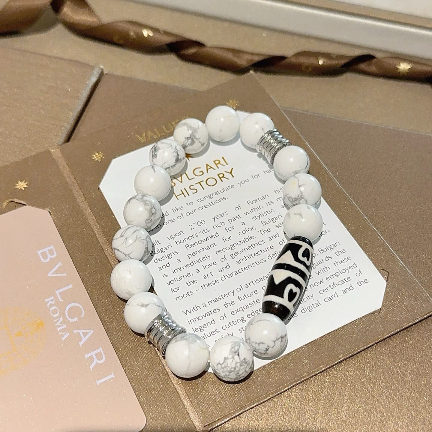 Bvlgari White Marble Bead Bracelet with Black and Silver Accents