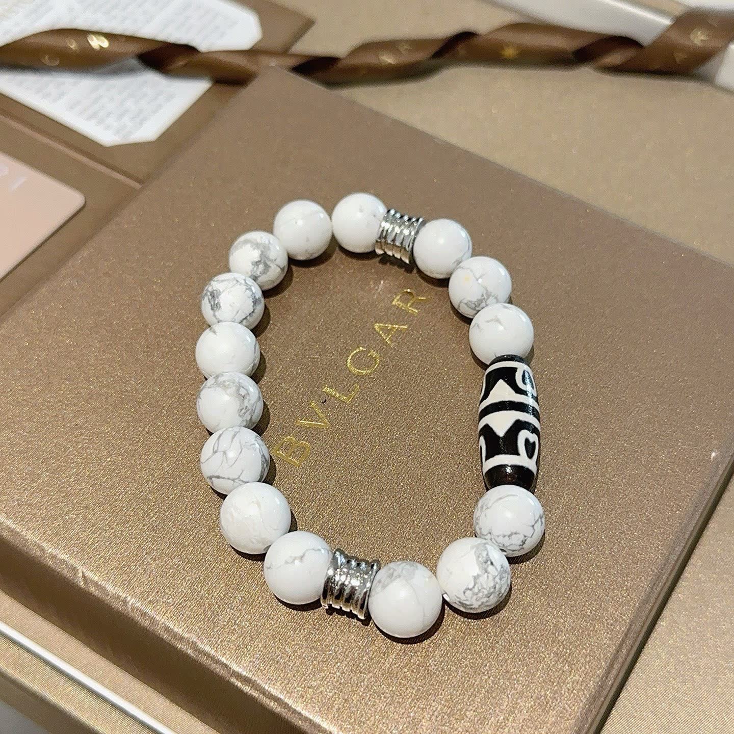 Bvlgari White Marble Bead Bracelet with Black and Silver Accents