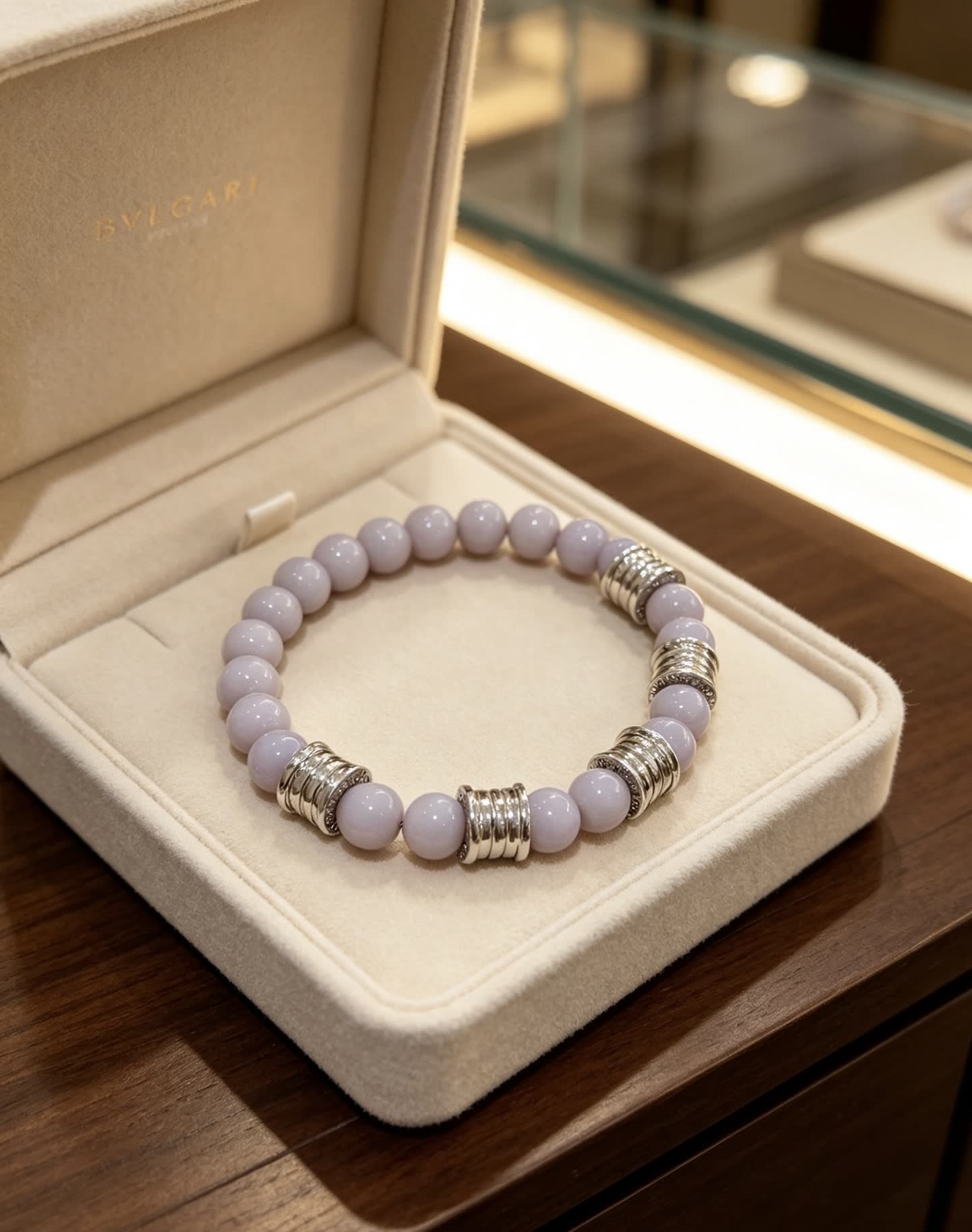 Bvlgari Elegant Lavender Beaded Bracelet with Silver Accents