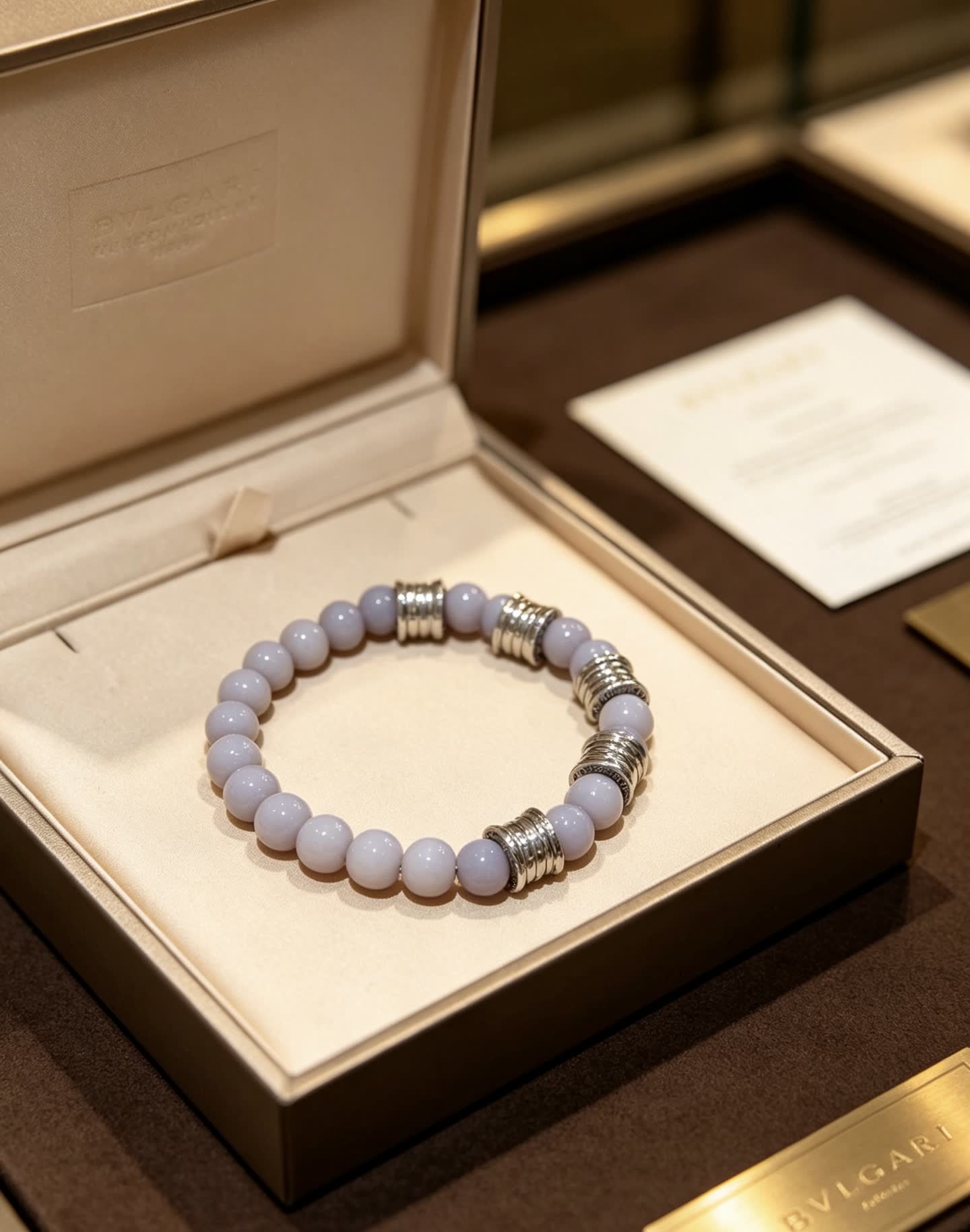 Bvlgari Elegant Lavender Beaded Bracelet with Silver Accents
