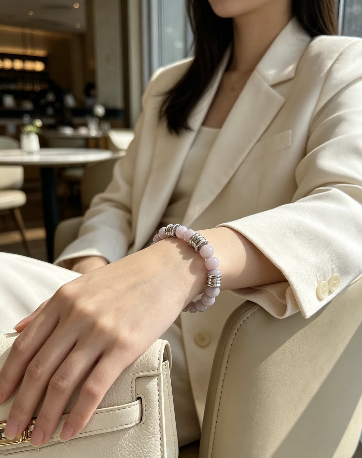 Bvlgari Elegant Lavender Beaded Bracelet with Silver Accents