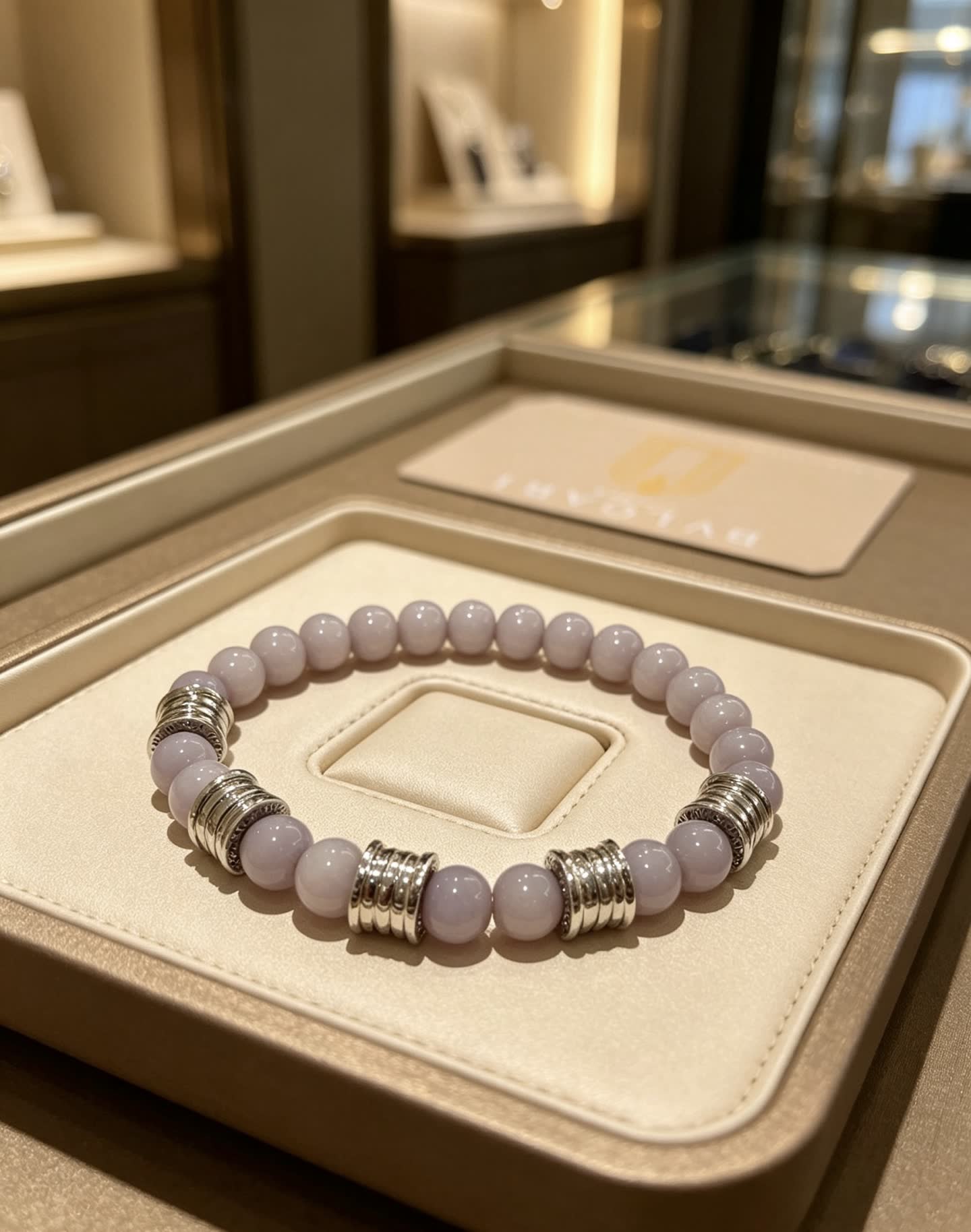 Bvlgari Elegant Lavender Beaded Bracelet with Silver Accents
