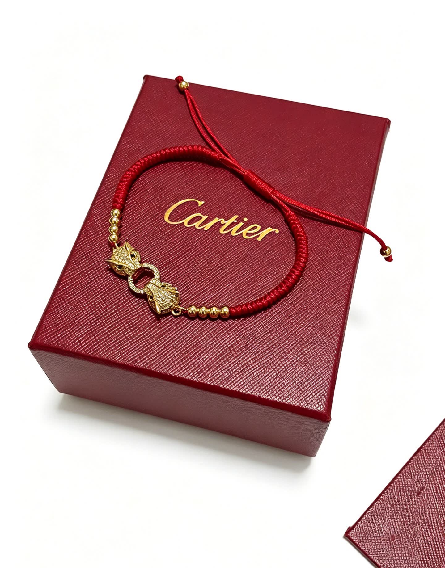 Cartier Red Silk Bracelet with Gold Beads and Diamond Clasp