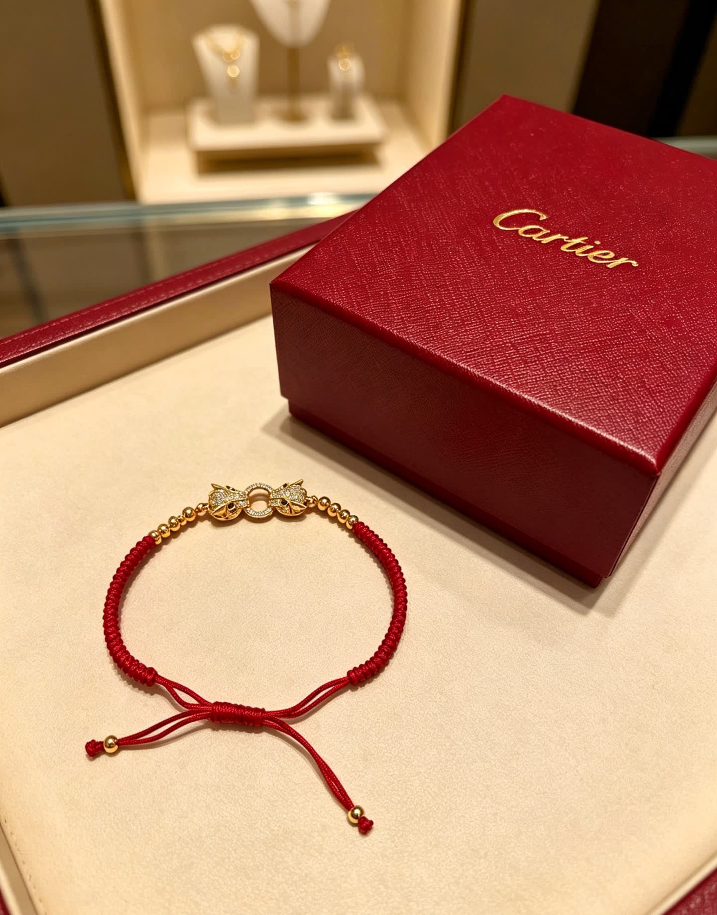 Cartier Red Silk Bracelet with Gold Beads and Diamond Clasp