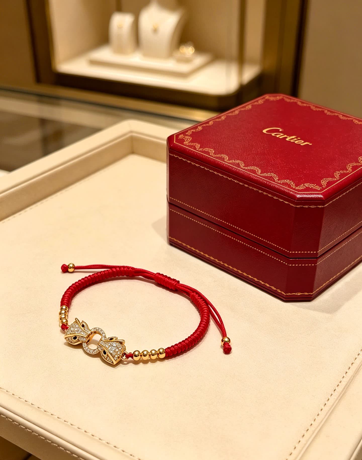 Cartier Red Silk Bracelet with Gold Beads and Diamond Clasp