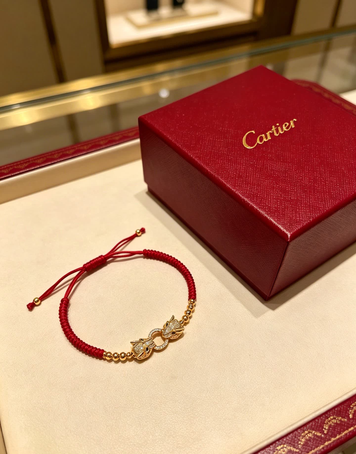 Cartier Red Silk Bracelet with Gold Beads and Diamond Clasp
