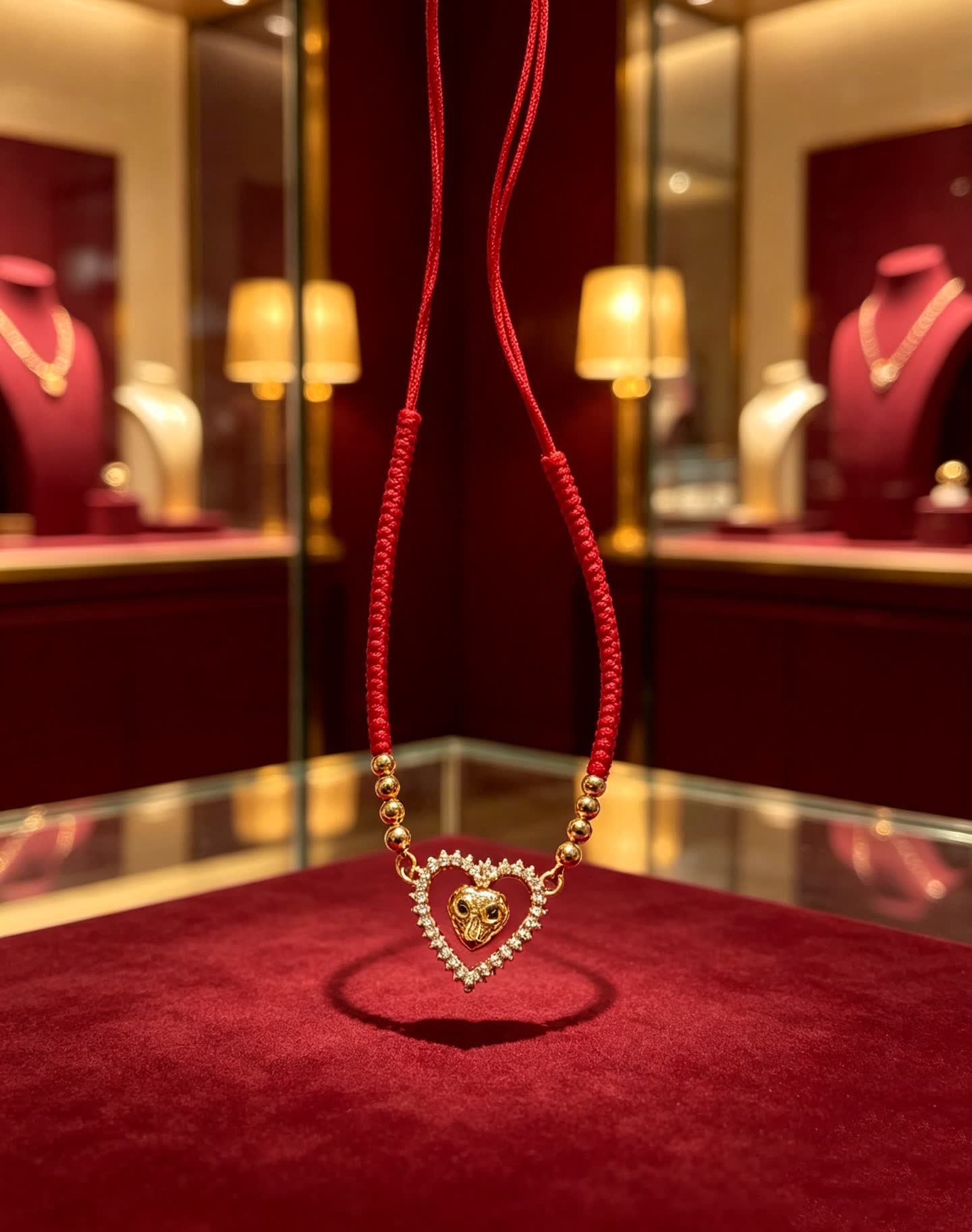 Cartier Red Rope Bracelet with Gold Heart and Animal Charm