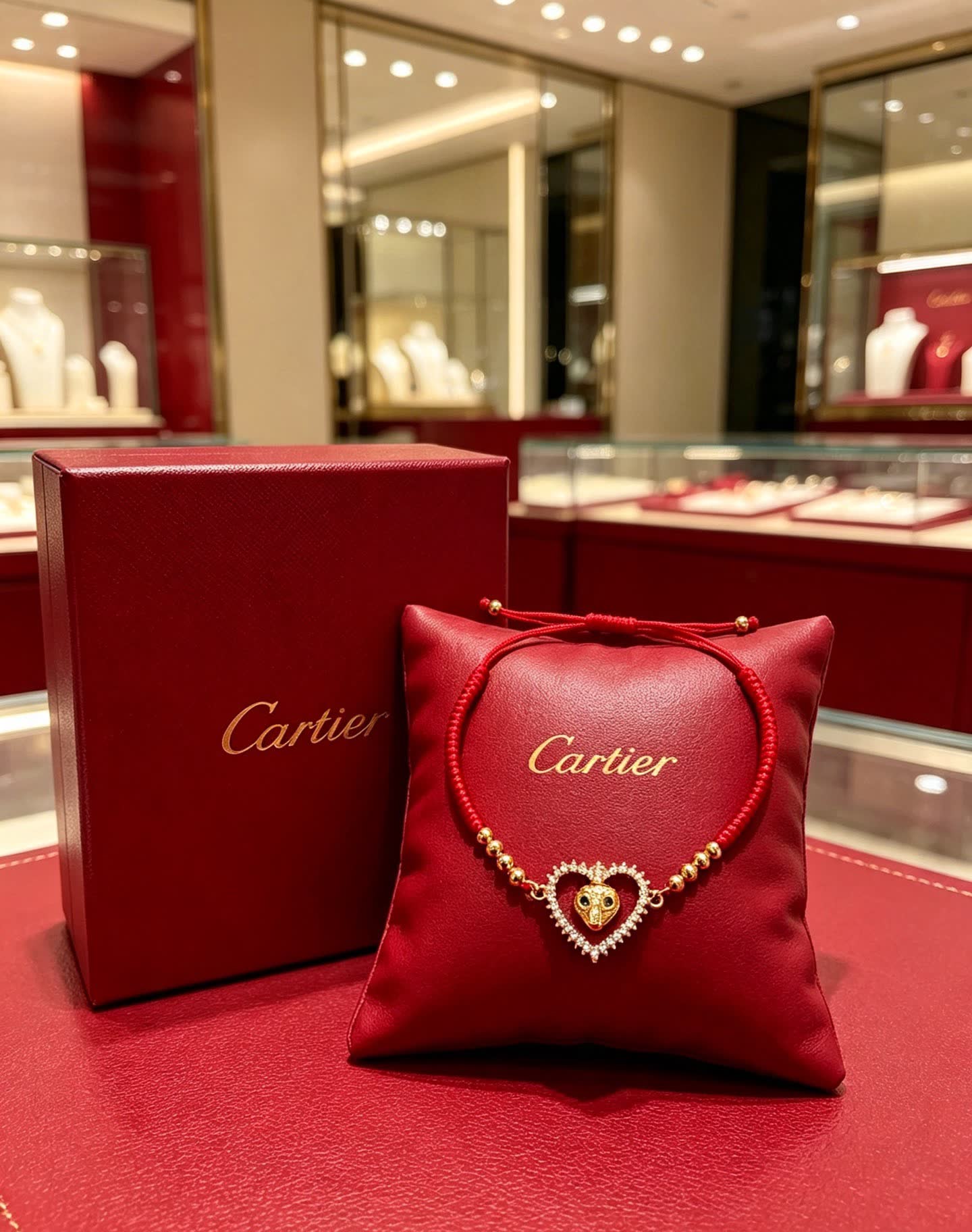 Cartier Red Rope Bracelet with Gold Heart and Animal Charm