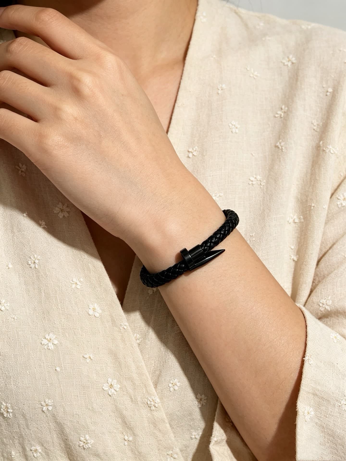 Cartier Black Braided Leather Bracelet with Spike Clasp
