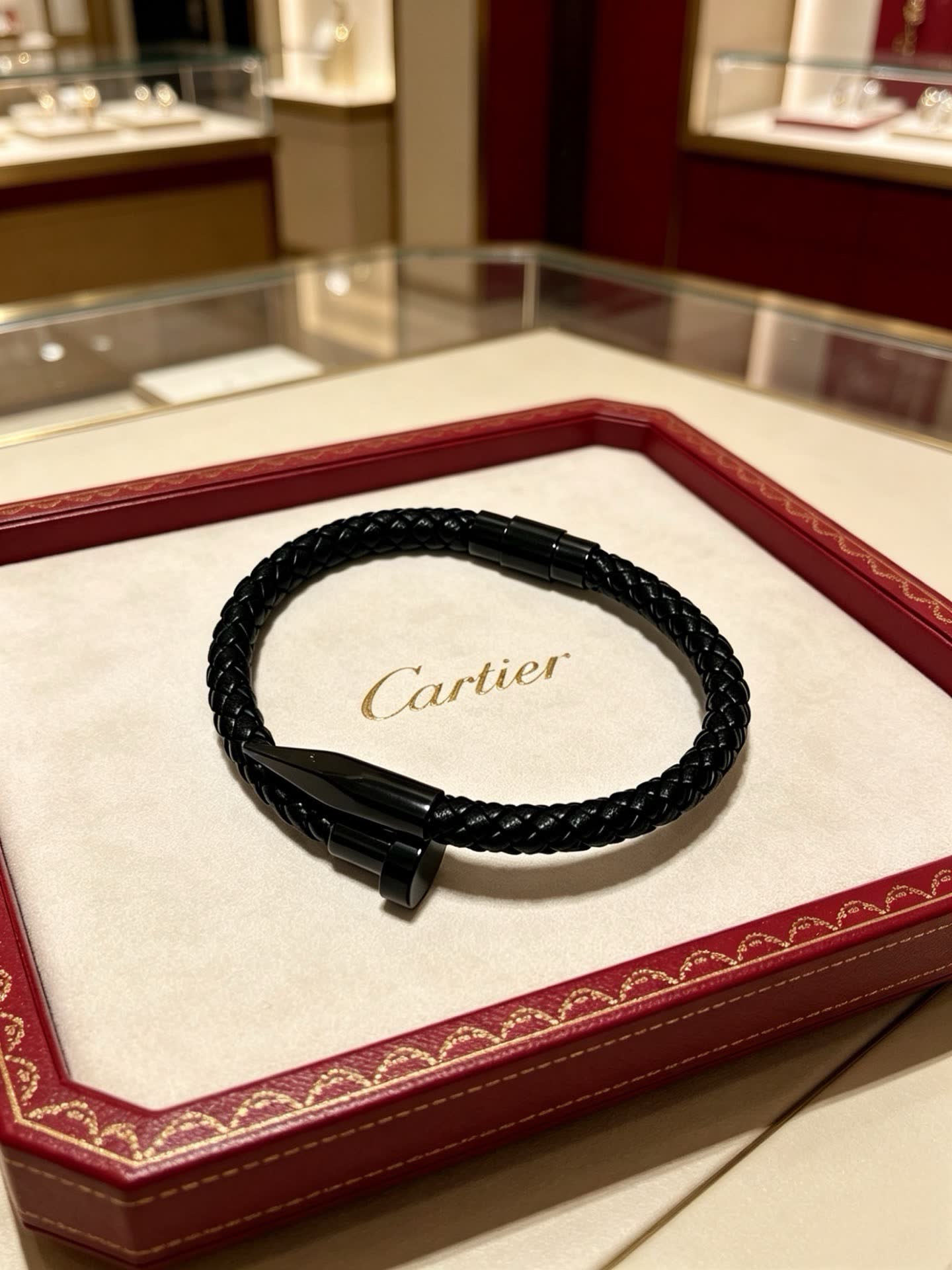 Cartier Black Braided Leather Bracelet with Spike Clasp