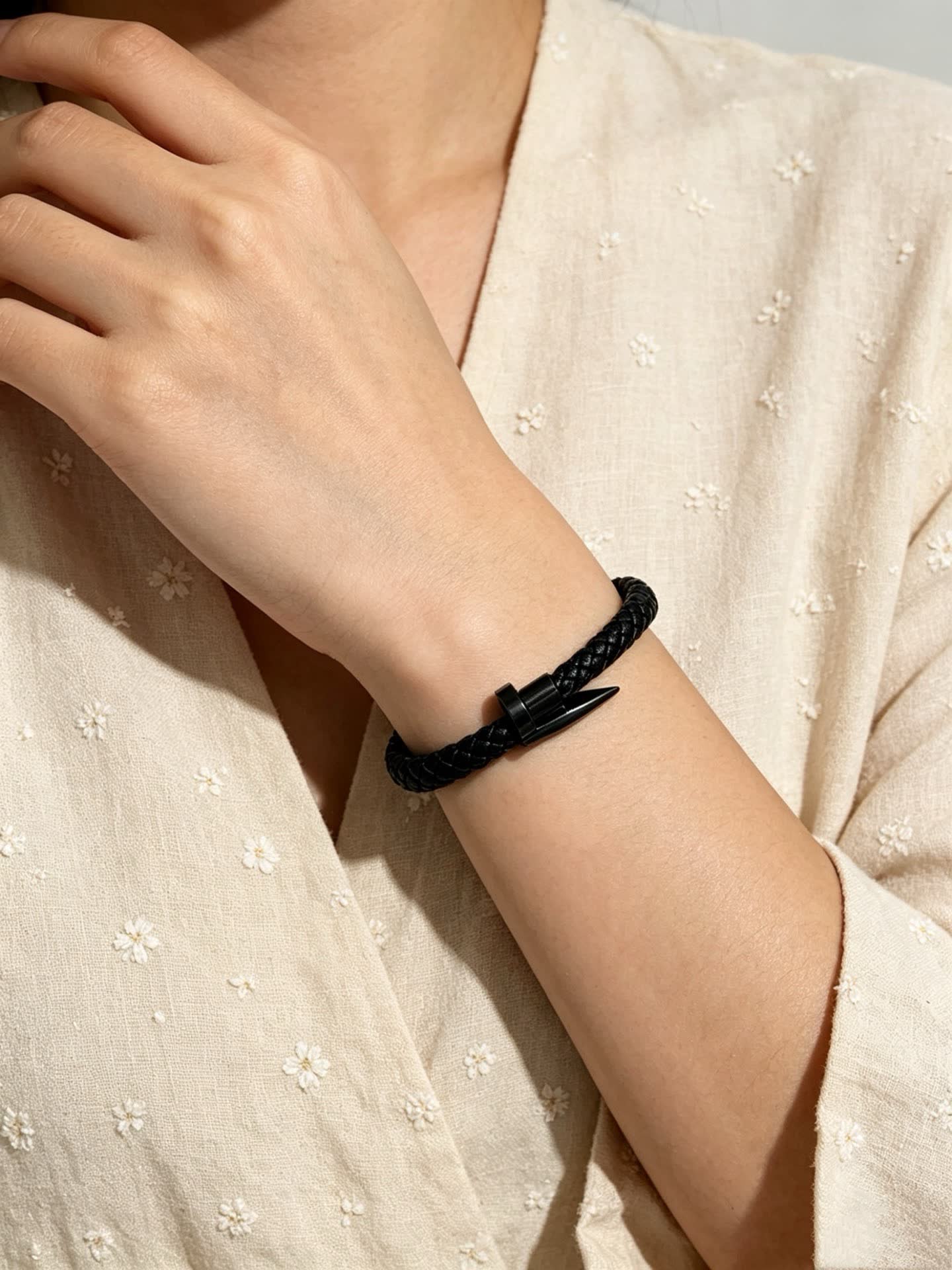 Cartier Black Braided Leather Bracelet with Spike Clasp