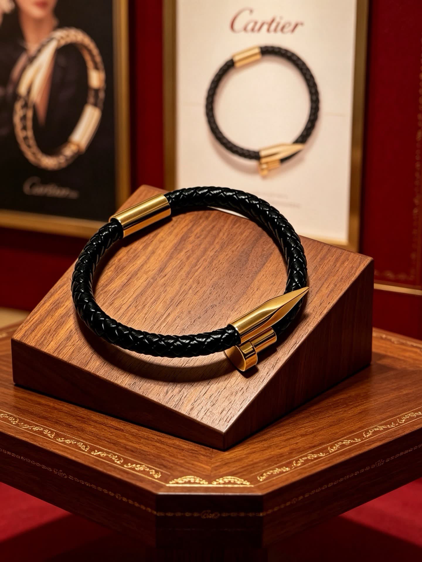 Cartier Black Braided Leather Bracelet with Gold Clasp