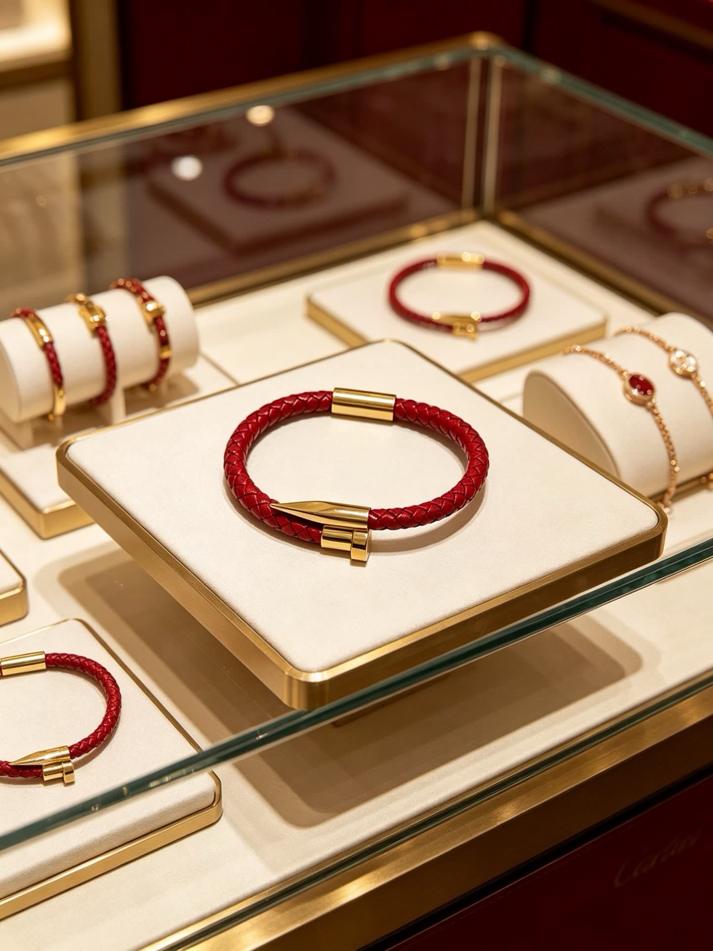 Cartier Red Braided Leather Bracelet with Gold Clasp