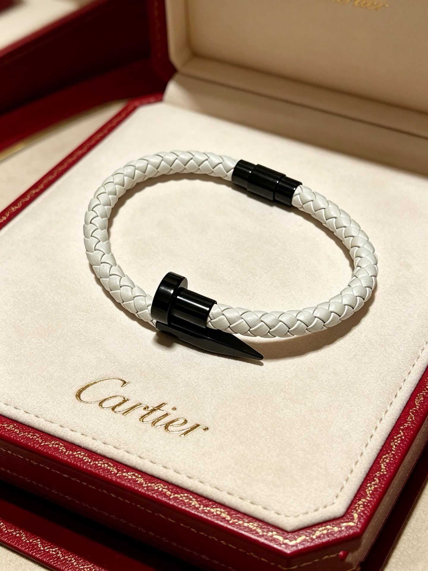 Cartier White Braided Leather Bracelet with Black Clasp