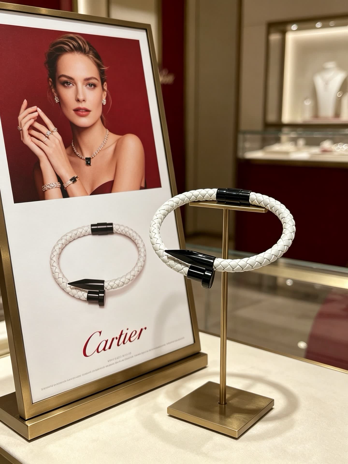 Cartier White Braided Leather Bracelet with Black Clasp