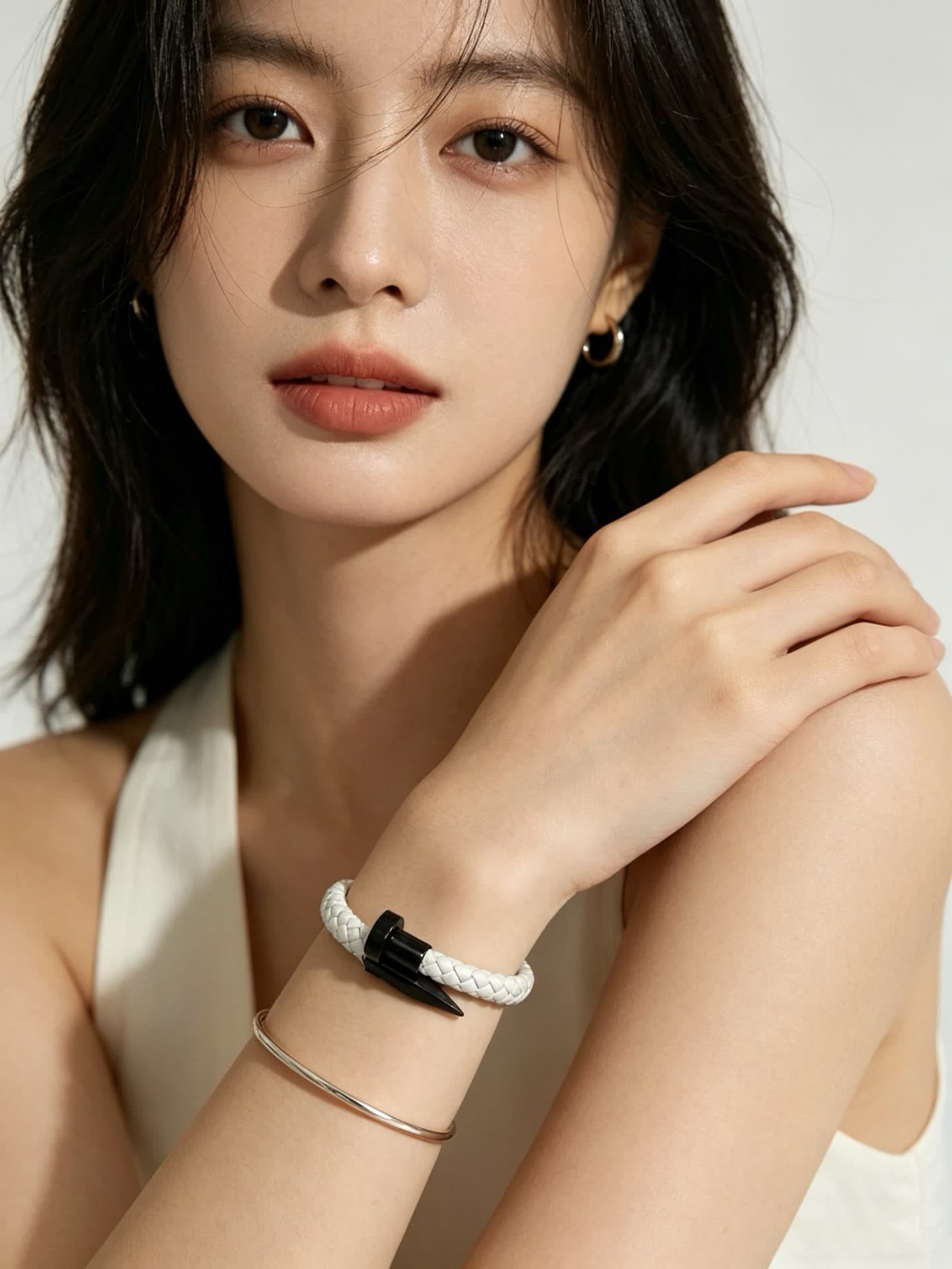 Cartier White Braided Leather Bracelet with Black Clasp