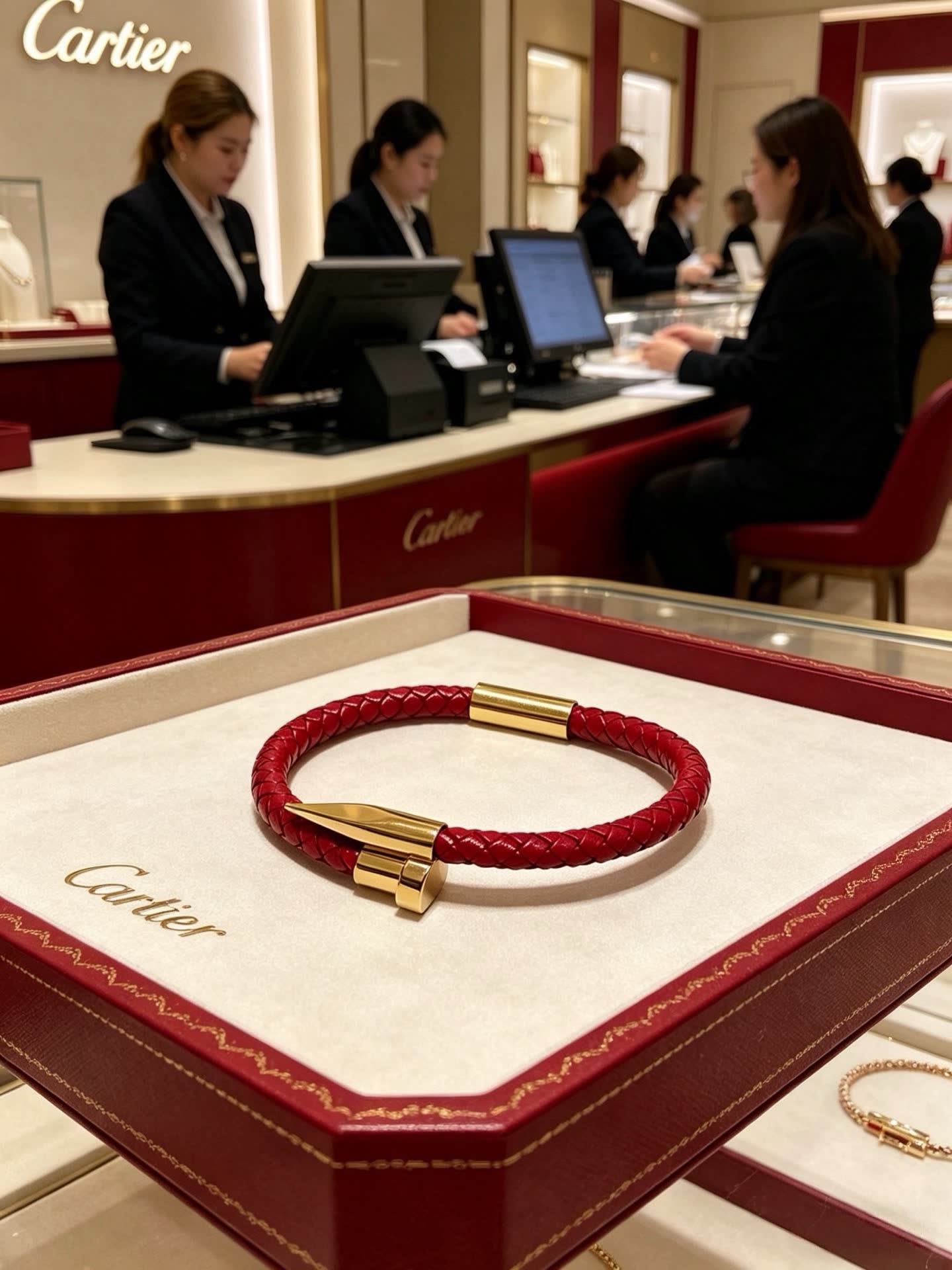 Cartier Red Braided Leather Bracelet with Gold Clasp
