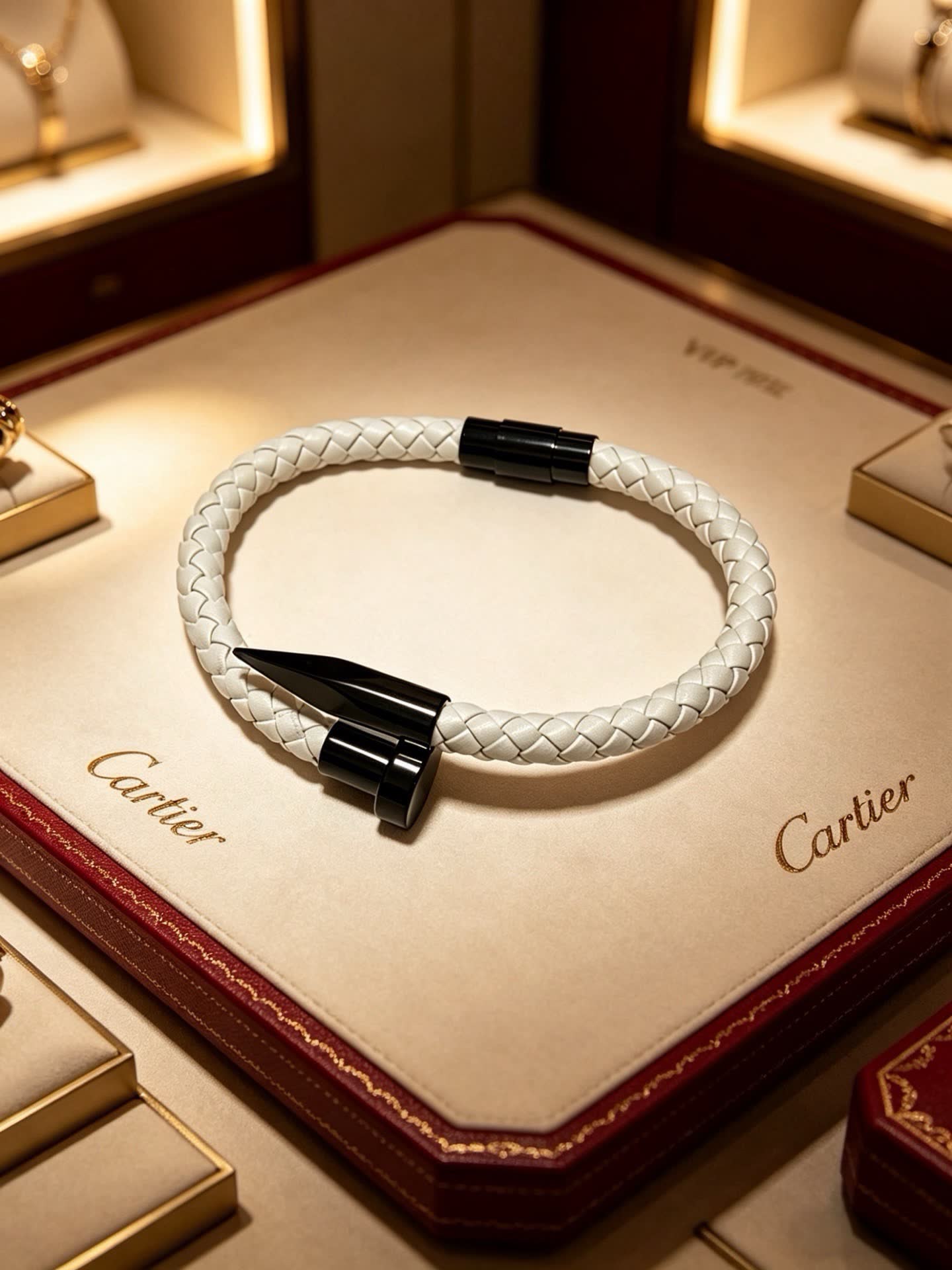 Cartier White Braided Leather Bracelet with Black Clasp