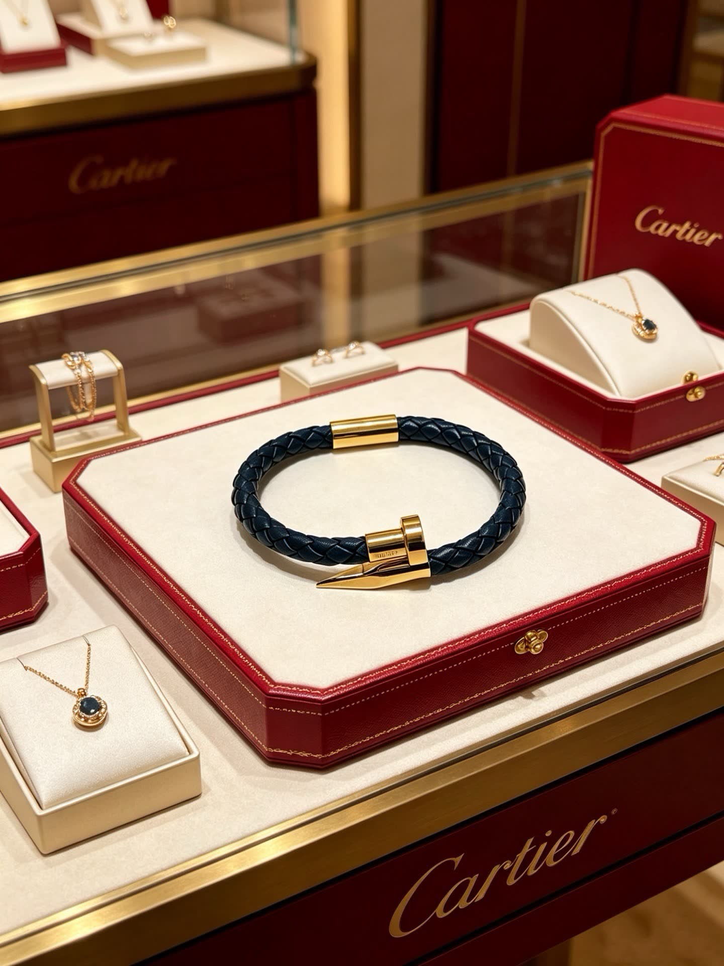 Cartier Navy Blue Braided Leather Bracelet with Gold Clasp