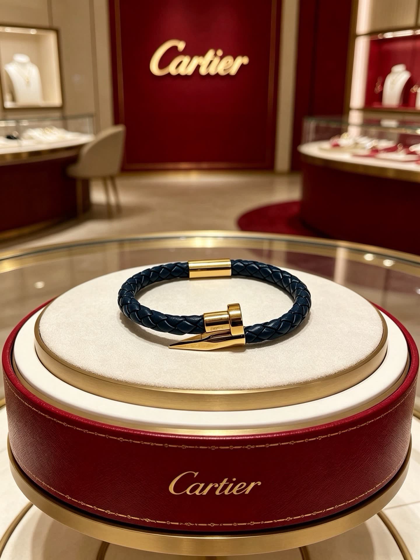 Cartier Navy Blue Braided Leather Bracelet with Gold Clasp