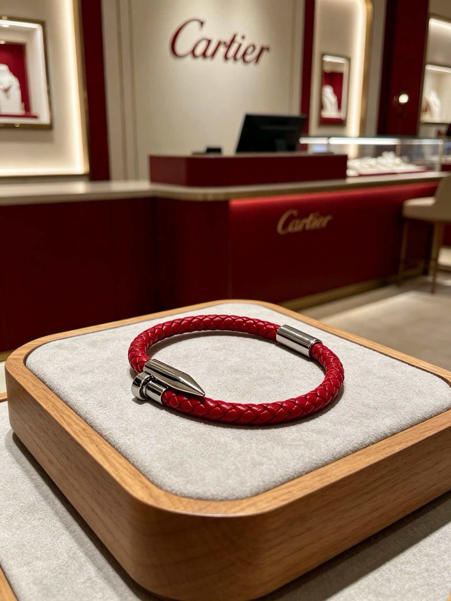 Cartier Red Braided Leather Bracelet with Silver Clasp