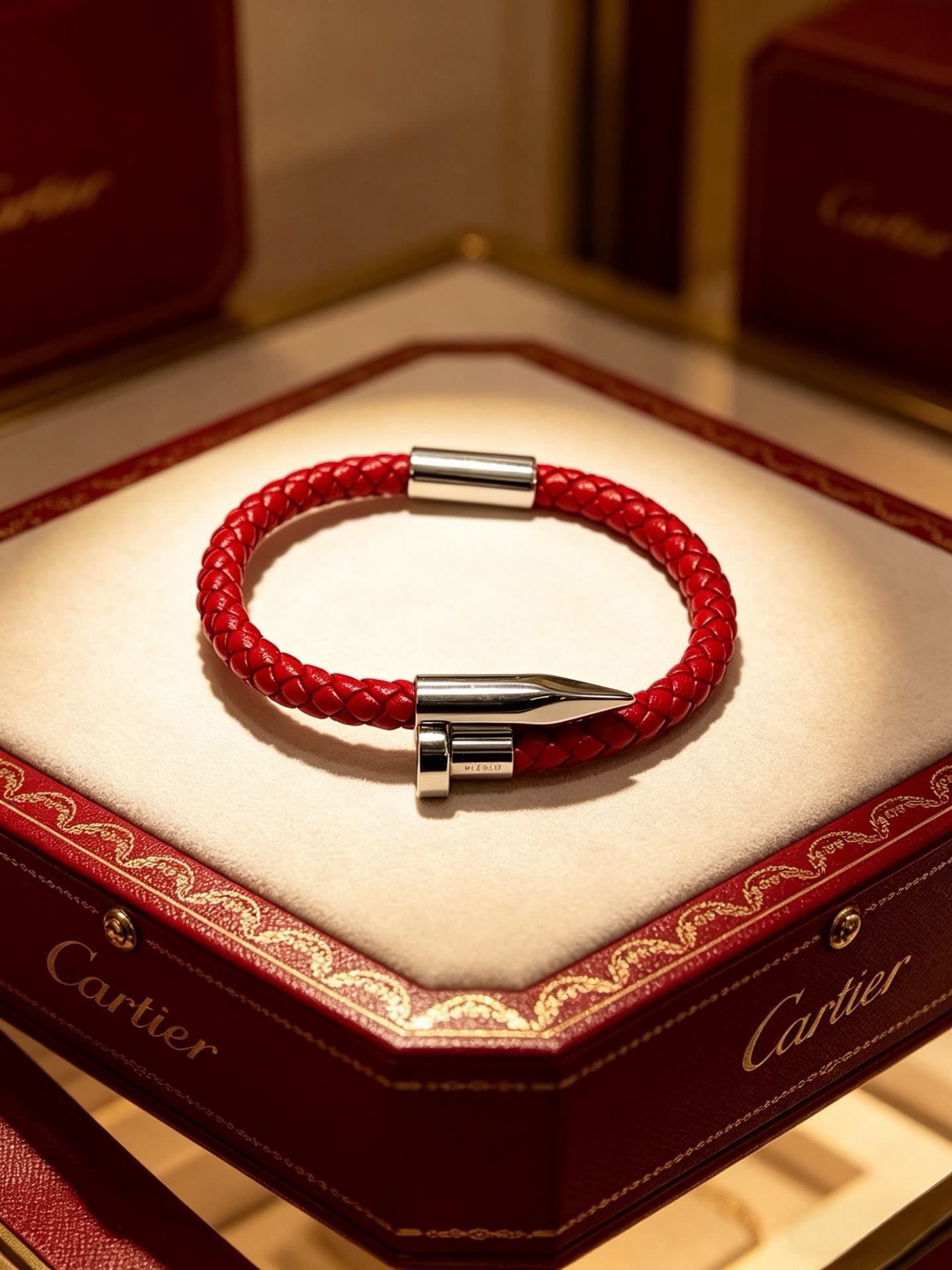 Cartier Red Braided Leather Bracelet with Silver Clasp