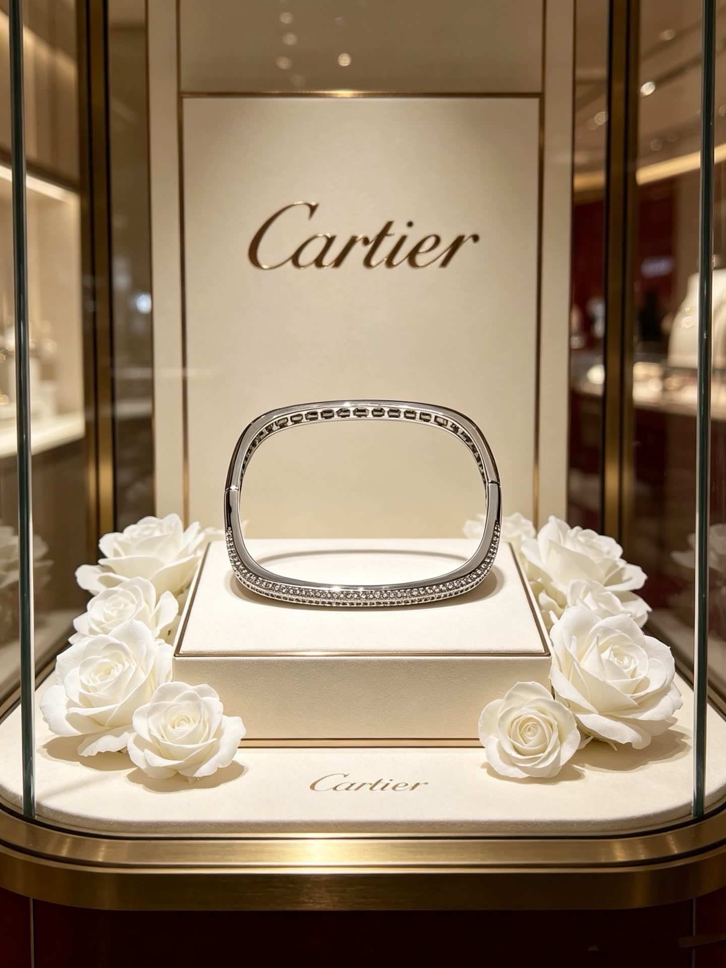 Cartier Elegant Silver Bangle Bracelet with Pave Setting