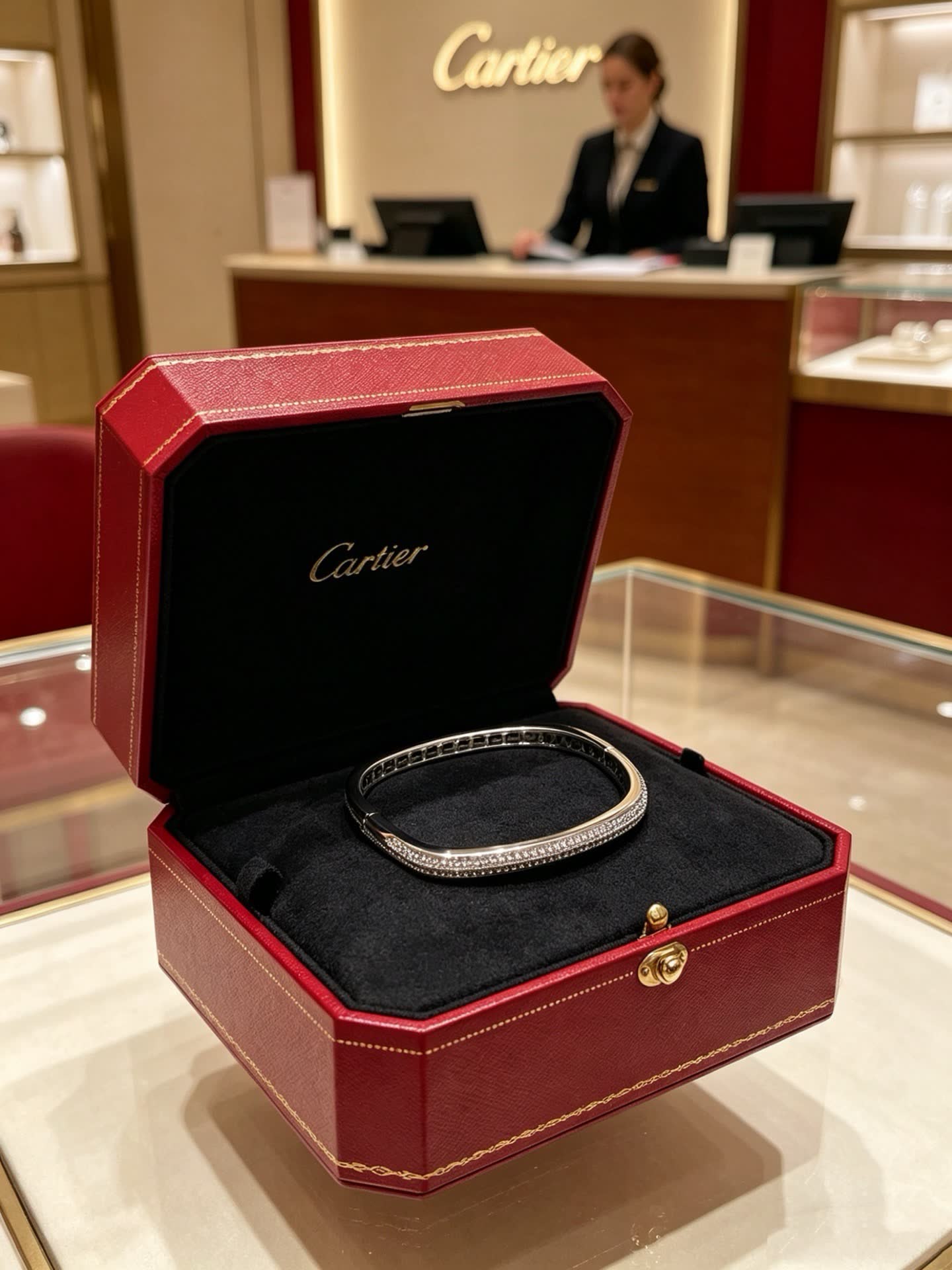 Cartier Elegant Silver Bangle Bracelet with Pave Setting