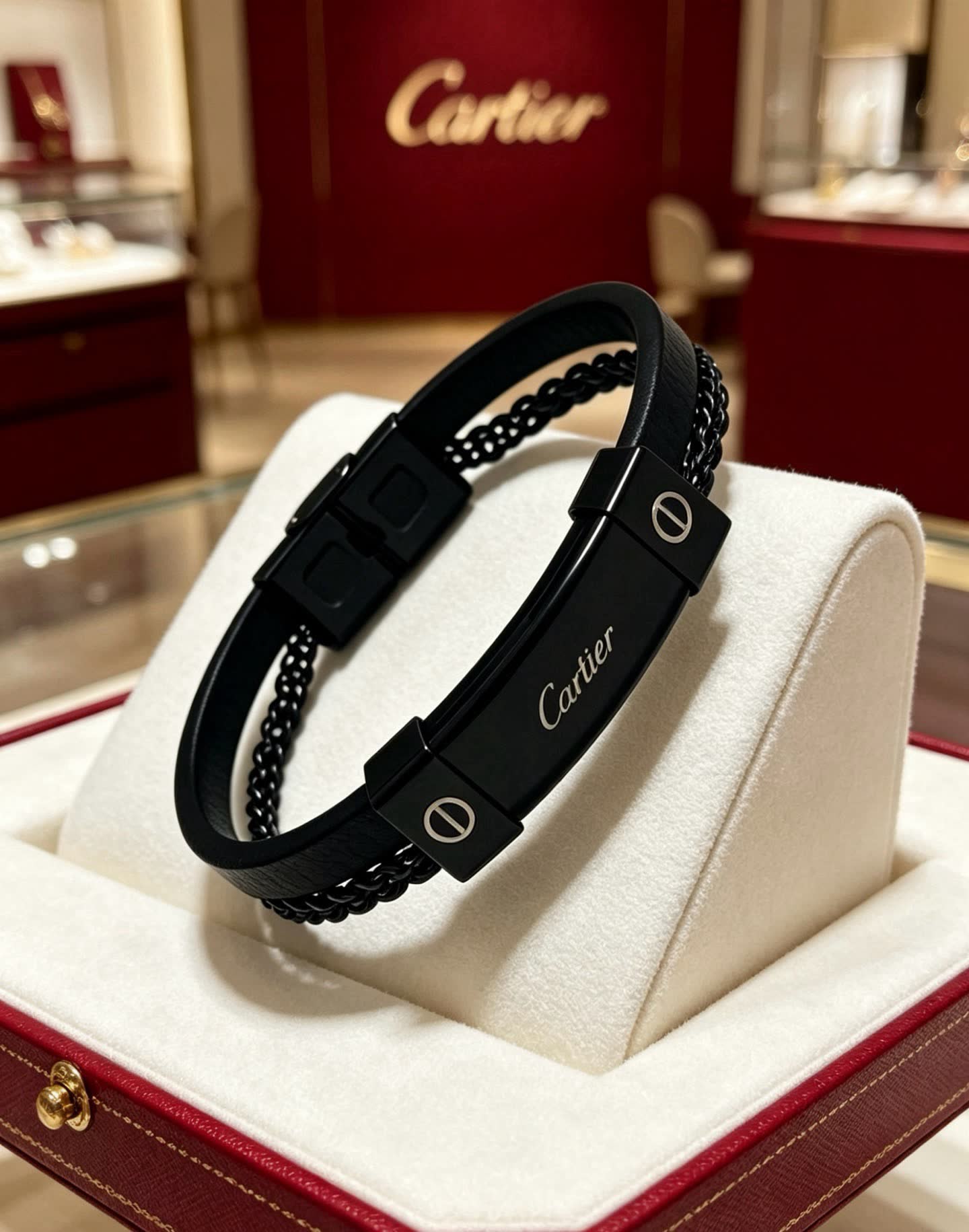 Cartier Black Rubber and Steel Bracelet
